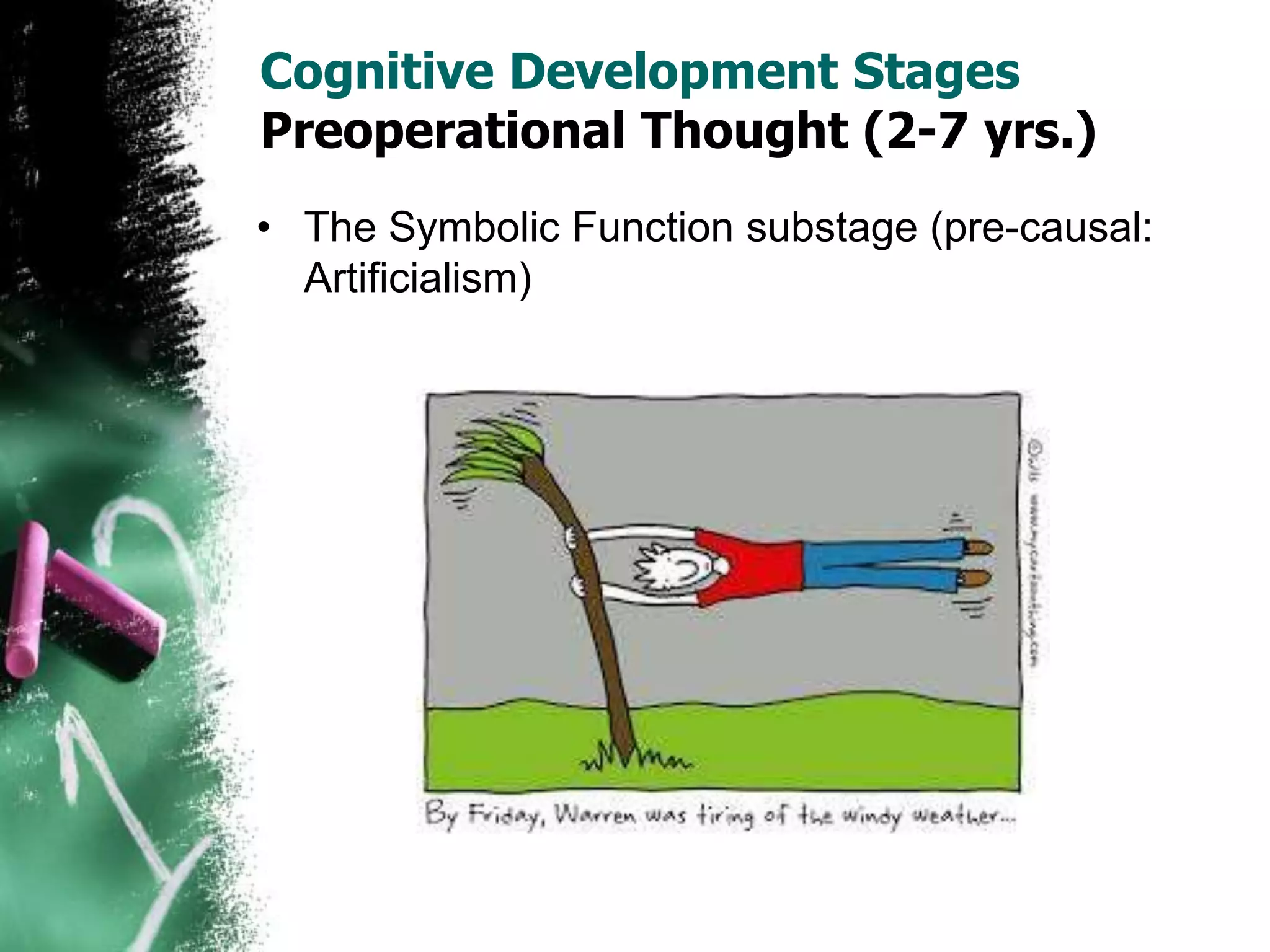 Cognitive Development Stages
Preoperational Thought (2-7 yrs.)
• The Symbolic Function substage (pre-causal:
Artificialism)
 