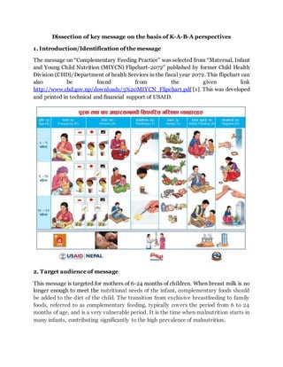Dissection of key message on the basis of K-A-B-A perspectives
1. Introduction/Identification of the message
The message on “Complementary Feeding Practice” was selected from “Maternal, Infant
and Young Child Nutrition (MIYCN) Flipchart-2072” published by former Child Health
Division (CHD)/Department of health Services in the fiscal year 2072. This flipchart can
also be found from the given link
http://www.chd.gov.np/downloads/3%20MIYCN_Flipchart.pdf [1]. This was developed
and printed in technical and financial support of USAID.
2. Target audience of message
This message is targeted for mothers of 6-24 months of children. When breast milk is no
longer enough to meet the nutritional needs of the infant, complementary foods should
be added to the diet of the child. The transition from exclusive breastfeeding to family
foods, referred to as complementary feeding, typically covers the period from 6 to 24
months of age, and is a very vulnerable period. It is the time when malnutrition starts in
many infants, contributing significantly to the high prevalence of malnutrition.
 