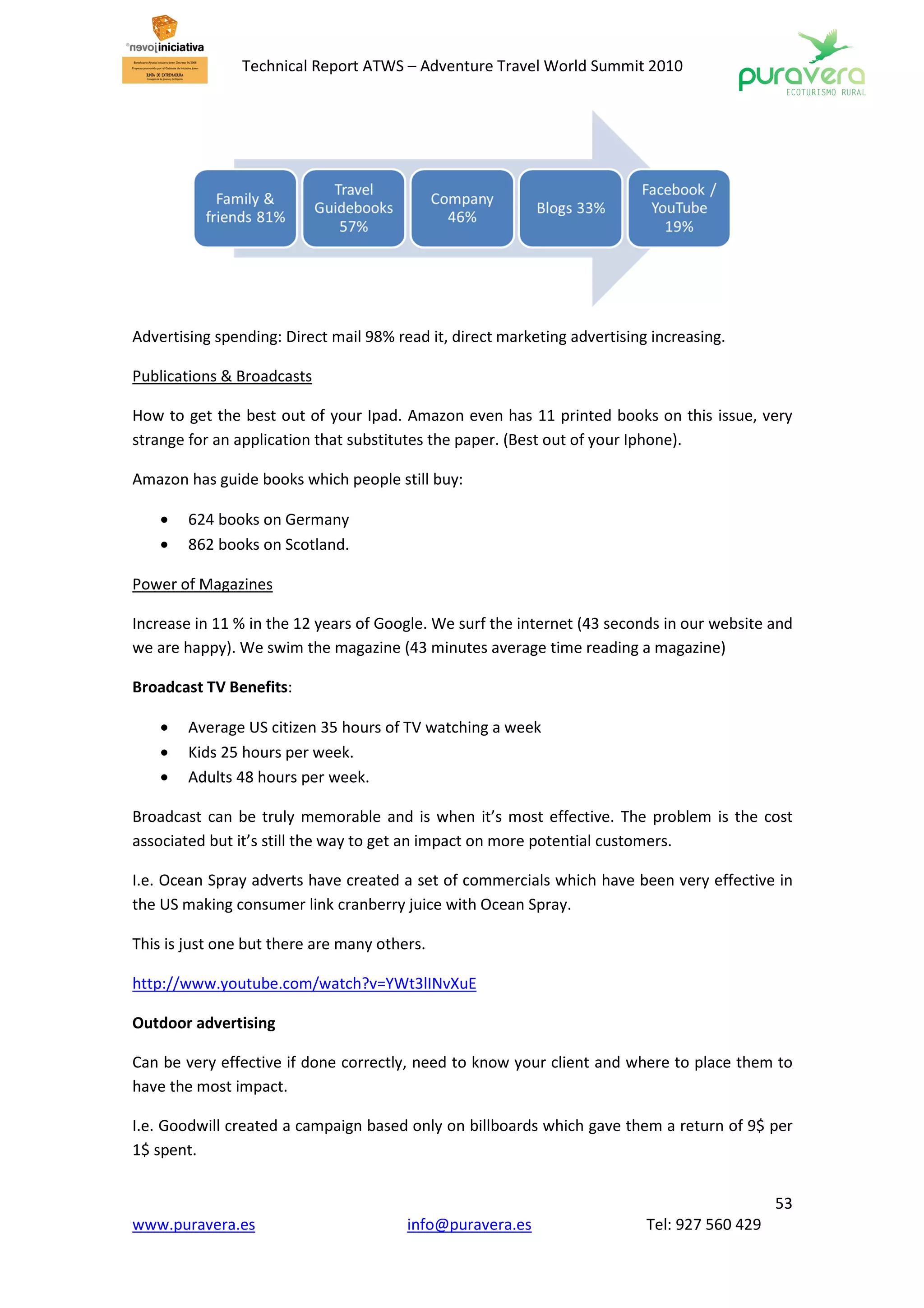 Technical Report ATWS – Adventure Travel World Summit 2010




Advertising spending: Direct mail 98% read it, direct marketing advertising increasing.

Publications & Broadcasts

How to get the best out of your Ipad. Amazon even has 11 printed books on this issue, very
strange for an application that substitutes the paper. (Best out of your Iphone).

Amazon has guide books which people still buy:

    •   624 books on Germany
    •   862 books on Scotland.

Power of Magazines

Increase in 11 % in the 12 years of Google. We surf the internet (43 seconds in our website and
we are happy). We swim the magazine (43 minutes average time reading a magazine)

Broadcast TV Benefits:

    •   Average US citizen 35 hours of TV watching a week
    •   Kids 25 hours per week.
    •   Adults 48 hours per week.

Broadcast can be truly memorable and is when it’s most effective. The problem is the cost
associated but it’s still the way to get an impact on more potential customers.

I.e. Ocean Spray adverts have created a set of commercials which have been very effective in
the US making consumer link cranberry juice with Ocean Spray.

This is just one but there are many others.

http://www.youtube.com/watch?v=YWt3lINvXuE

Outdoor advertising

Can be very effective if done correctly, need to know your client and where to place them to
have the most impact.

I.e. Goodwill created a campaign based only on billboards which gave them a return of 9$ per
1$ spent.


                                                                                              53
www.puravera.es                         info@puravera.es                   Tel: 927 560 429
 