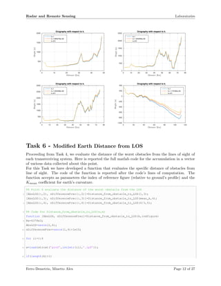 Radar and Remote Sensing Laboratories
Distance [Km]
0 10 20 30 40 50
Height[m]
0
500
1000
1500
2000
Orography with respect to k.
k=1
k=1.665479e+00
k=4/3
Distance [Km]
0 10 20 30 40 50 60 70 80
Height[m]
0
500
1000
1500
2000
2500
Orography with respect to k.
k=1
k=1.204258e+00
k=4/3
Distance [Km]
0 10 20 30 40 50 60 70 80
Height[m]
0
500
1000
1500
2000
2500
3000
Orography with respect to k.
k=1
k=1.204258e+00
k=4/3
Distance [Km]
0 20 40 60 80 100 120
Height[m]
-1000
-800
-600
-400
-200
0
200
400
Orography with respect to k.
k=1
k=1.174782e+00
k=4/3
Task 6 - Modiﬁed Earth Distance from LOS
Proceeding from Task 4, we evaluate the distance of the worst obstacles from the lines of sight of
each transreceiving system. Here is reported the full matlab code for the accumulation in a vector
of various data collected about this point.
For this Task we have developed a function that evaluates the speciﬁc distance of obstacles from
line of sight. The code of the function is reported after the code’s lines of computation. The
function accepts as parameters the index of reference ﬁgure (relative to ground’s proﬁle) and the
Kmean coeﬃcient for earth’s curvature.
%% Point 6 evaluate the distance of the worst obstacla from the LOS
2 [AbsLOS(:,2), nDifferencePrec(:,2)]=Distance_from_obstacle_to_LOS(1,3);
[AbsLOS(:,3), nDifferencePrec(:,3)]=Distance_from_obstacle_to_LOS(mean_k,4);
4 [AbsLOS(:,4), nDifferencePrec(:,4)]=Distance_from_obstacle_to_LOS(4/3,5);
6 %% Code for Distance_from_obstacle_to_LOS(n,m)
function [AbsLOS, nDifferencePrec]=Distance_from_obstacle_to_LOS(k,indfigure)
8 Re=6378e3;
AbsLOS=zeros(1,4);
10 nDifferencePrec=zeros(1,4)+1e10;
12 for ii=1:4
14 x=load(strcat(’prof’,int2str(ii),’.ipf’));
16 if(length(k)>1)
Ferro Demetrio, Minetto Alex Page 12 of 27
 