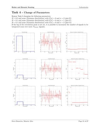 Radar and Remote Sensing Laboratories
Task 4 - Change of Parameters
Repeat Task 3 changing the following parameters:
B = 0.5 and noise (Gaussian distribution) with E[n] = 0 and σ = 2 (plot E)
B = 0.1 and noise (Gaussian distribution) with E[n] = 0 and σ = 1 (plot F)
B = 0.1 and noise (Gaussian distribution) with E[n] = 0 and σ = 2 (plot G)
If the lag of the correlation peak is not set, it is possible to increment the number of signals to be
integrated (sum over more NMAX signals).
Ferro Demetrio, Minetto Alex Page 21 of 27
 