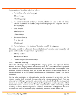 pg. 19Summer Internship Report-2019
An explanation of these letter codes is as follows:
1. The first letter refers to the basic type:
- R for rod pumps
- T for tubing pumps
2. The second letter stands for the type of barrel, whether it is heavy to thin wall barrel.
Different code letters are used for pumps with metal plungers and for pumps with soft-
packed plungers:
- Metal plungers
H for heavy wall
P for heavy wall
- Soft-packed plungers
W for thin wall
S for thin wall
3. The third letter shows the location of the seating assembly for rod pumps.
The seating assembly or holddown is always at the bottom of a traveling barrel pump; other rod
pumps can be seated at the top or bottom as given below:
- A for top hoddown
- B for bottom holddown
- T for traveling barrel, bottom holddown.
2.1.5.5 The Sucker Rod String
The sucker rod string is the most vital part of the pumping system, since it provides the link
between the surface pumping unit and the subsurface pump. It is a piece of mechanical equipment
and has almost no analogies in man-made structures. It is several thousands of feet long and has a
maximum diameter of slightly more than an inch. The behavior of this string can have a
fundamental impact on the efficiency of fluid lifting and its eventual failure leads to a total loss of
production.
The rod string is composed of individual sucker rods that are connected to each other until the
required pumping depth is reached. Nowadays, the sucker rods are made up of steel. These are
solid steel bars with forged upset ends to accommodate male or female threads. The most important
improvement in sucker rod manufacturing methods through the years were the application of heat
treatment to improve corrosion resistance, better pin constructions and the use of rolling instead
of cutting for making the necessary threads. Steel rods, other than the solid type were also made
available, such as the hollow sucker rod or rod tube, the continuous and the flexible rod.
 