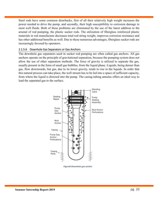 pg. 20Summer Internship Report-2019
Steel rods have some common drawbacks, first of all their relatively high weight increases the
power needed to drive the pump, and secondly, their high susceptibility to corrosion damage in
most well fluids. Both of these problems are eliminated by the use of the latest addition to the
arsenal of rod pumping, the plastic sucker rods. The utilization of fiberglass reinforced plastic
materials in rod manufacture decreases total rod string weight, improves corrosion resistance and
has other additional benefits as well. Due to these numerous advantages, fiberglass sucker rods are
increasingly favored by operators.
2.1.5.6 Downhole Gas Separators or Gas Anchors
The downhole gas separators used in sucker rod pumping are often called gas anchors. All gas
anchors operate on the principle of gravitational separation, because the pumping system does not
allow the use of other separation methods. The force of gravity is utilized to separate the gas,
usually present in the form of small gas bubbles, from the liquid phase. Liquids, being denser than
gas, flow downwards, but gas, due to its lower gravity, tends to rise in the liquids. In order that
this natural process can take place, the well stream has to be led into a space of sufficient capacity,
from where the liquid is directed into the pump. The casing-tubing annulus offers an ideal way to
lead the separated gas to the surface.
Figure8 Downhole gas anchor
 