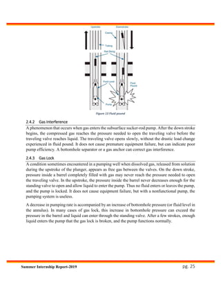pg. 25Summer Internship Report-2019
2.4.2 Gas Interference
A phenomenon that occurs when gas enters the subsurface sucker-rod pump. After the down stroke
begins, the compressed gas reaches the pressure needed to open the traveling valve before the
traveling valve reaches liquid. The traveling valve opens slowly, without the drastic load change
experienced in fluid pound. It does not cause premature equipment failure, but can indicate poor
pump efficiency. A bottomhole separator or a gas anchor can correct gas interference.
2.4.3 Gas Lock
A condition sometimes encountered in a pumping well when dissolved gas, released from solution
during the upstroke of the plunger, appears as free gas between the valves. On the down stroke,
pressure inside a barrel completely filled with gas may never reach the pressure needed to open
the traveling valve. In the upstroke, the pressure inside the barrel never decreases enough for the
standing valve to open and allow liquid to enter the pump. Thus no fluid enters or leaves the pump,
and the pump is locked. It does not cause equipment failure, but with a nonfunctional pump, the
pumping system is useless.
A decrease in pumping rate is accompanied by an increase of bottomhole pressure (or fluid level in
the annulus). In many cases of gas lock, this increase in bottomhole pressure can exceed the
pressure in the barrel and liquid can enter through the standing valve. After a few strokes, enough
liquid enters the pump that the gas lock is broken, and the pump functions normally.
Figure 13 Fluid pound
 