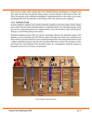 pg. 6Summer Internship Report-2019
Figure 2 Different artificial lift system
short section of pipe, which extends above the wellhead. Because the plunger is no longer in the
flow path, the gas that provided the lifting energy can pass beneath it and along the flow line.
When the pressure at the wellhead has dropped to a predetermined level, the surface valve closes,
the plunger falls from the lubricator to the bottom of the well, and the cycle is repeated.
1.1.6 Hydraulic Pumps
In some situations, operators may install a hydraulic pumping system that pumps a fluid, called a
power fluid, from the surface through tubing to a subsurface pump. The subsurface pumps, which
may be jets, reciprocating pistons or rotating turbines, force the formation fluids and the power
fluid up a second tubing string to the surface.
Hydraulic pumping systems offer two specific advantages. Because the subsurface pump is free
floating, it can be circulated out of the hole for repair with little intervention cost. And the power
fluid, which is typically refined oil, mixes with the produced fluid; the resulting fluid column exerts
a lighter hydrostatic pressure than does the formation fluid alone, reduces the resistance to flow
and lessens the work required of the downhole pump. As a consequence, hydraulic pumps are
frequently chosen for use in heavy oil operations.
 