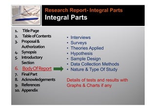 Research Report- Integral Parts
                 Integral Parts
1. Title Page
2. Table of Contents     •   Interviews
3. Proposal &            •   Surveys
   Authorization         •   Theories Applied
4. Synopsis              •   Hypothesis
5. Introductory          •   Sample Design
   Section               •   Data Collection Methods
6. Body Of Report        •   Nature & Type Of Study
7.    Final Part
8.    Acknowledgements   Details of tests and results with
9.    References         Graphs & Charts if any
10.   Appendix
 