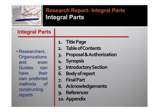 Research Report- Integral Parts
                Integral Parts

Integral Parts
                    1. Title Page
                    2. Table of Contents
• Researchers,
  Organizations     3. Proposal & Authorization
  and      even     4. Synopsis
  Guides     can    5. Introductory Section
  have      their   6. Body of report
  own preferred     7. Final Part
  methods      of
                    8. Acknowledgements
  constructing
  reports           9. References
                    10. Appendix
 