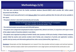 © 2014 6
Copyrights © Yole Développement SA. All rights reserved.
Methodology (1/2)
• The data were extracted from the FamPat worldwide database (Questel-ORBIT) which provides 80+ million patent
documents from 95 offices.
• The patents search was performed in early February 2014, hence patents published after this date will not be available in
this report.
• The patent selection is done both automatically and manually.
• The statistical analysis was performed with INTELLIXIR System.
• The patents were categorized using keyword analysis of patent title, abstract and claims, in conjunction with expert review
of the subject-matter of inventions (details in next slides).
• The patents were organized according to FamPat’s family rules (variation of EPO strict family): A Patent Family comprises
patents linked by exactly same priority numbers (strict family), plus comparison of priority and application numbers,
specific rules by country and information gathered from other sources (national files, legal status …).
Disclaimer: Knowmade and Yole Développement are research firms that provides technical analysis and technical opinions.
The research, technical analysis and/or work contained herein is not a legal opinion and should not be construed as such.
Number of selected patent families for the LED Nanowires IP Investigation:
361 over a number of returned results > 700
 