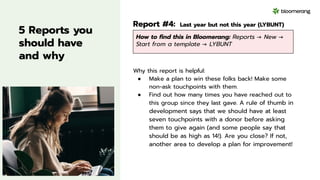 5 Reports you
should have
and why
Report #4: Last year but not this year (LYBUNT)
Why this report is helpful:
● Make a plan to win these folks back! Make some
non-ask touchpoints with them.
● Find out how many times you have reached out to
this group since they last gave. A rule of thumb in
development says that we should have at least
seven touchpoints with a donor before asking
them to give again (and some people say that
should be as high as 14!). Are you close? If not,
another area to develop a plan for improvement!
How to ﬁnd this in Bloomerang: Reports → New →
Start from a template → LYBUNT
 