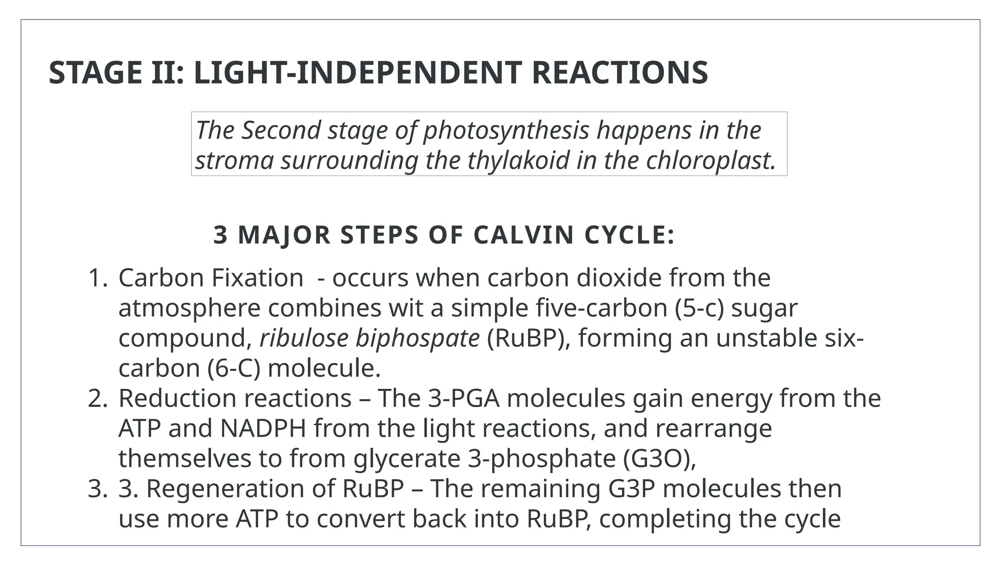 STAGE II: LIGHT-INDEPENDENT REACTIONS
The Second stage of photosynthesis happens in the
stroma surrounding the thylakoid in the chloroplast.
1. Carbon Fixation - occurs when carbon dioxide from the
atmosphere combines wit a simple five-carbon (5-c) sugar
compound, ribulose biphospate (RuBP), forming an unstable six-
carbon (6-C) molecule.
2. Reduction reactions – The 3-PGA molecules gain energy from the
ATP and NADPH from the light reactions, and rearrange
themselves to from glycerate 3-phosphate (G3O),
3. 3. Regeneration of RuBP – The remaining G3P molecules then
use more ATP to convert back into RuBP, completing the cycle
3 MAJOR STEPS OF CALVIN CYCLE:
 