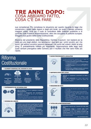 TRE ANNI DOPO:
COSA ABBIAMO FATTO,
COSA C’È DA FARE
sue competenze. Più complessa la situazione per quanto riguarda le leggi che
concernono i poteri delle regioni e degli enti locali, sui quali il Senato conserva
maggiori poteri. Avrà poi il ruolo di controllore delle politiche pubbliche e di
controllo sulla Pubblica Amministrazione, oltre che occuparsi di politiche europee.
Eleggerà due giudici della Corte Costituzionale.
Elezione del presidente della Repubblica. Cambia il quorum: non basterà più la
metà più uno degli elettori, ma serviranno i due terzi per i primi scrutini; poi i tre
quinti; dal settimo scrutinio saranno necessari i tre quinti dei votanti. Addio al ping
pong. È probabilmente l'effetto più importante: l'approvazione delle leggi sarà
quasi sempre prerogativa della Camera, con il risultato che l'iter sarà molto più
rapido.
!13
 