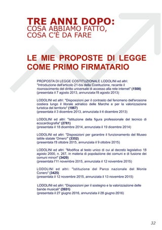 TRE ANNI DOPO:
COSA ABBIAMO FATTO,
COSA C’È DA FARE
LE MIE PROPOSTE DI LEGGE
COME PRIMO FIRMATARIO
PROPOSTA DI LEGGE COSTITUZIONALE LODOLINI ed altri:
"Introduzione dell'articolo 21-bis della Costituzione, recante il
riconoscimento del diritto universale di accesso alla rete internet" (1508)
(presentata il 7 agosto 2013, annunziata l'8 agosto 2013)
LODOLINI ed altri: "Disposizioni per il contrasto del fenomeno dell'erosione
costiera lungo il litorale adriatico delle Marche e per la valorizzazione
turistica del territorio" (1867)
(presentata il 3 dicembre 2013, annunziata il 4 dicembre 2013)
LODOLINI ed altri: "Istituzione della figura professionale del tecnico di
ecocardiografia" (2781)
(presentata il 18 dicembre 2014, annunziata il 19 dicembre 2014)
LODOLINI ed altri: "Disposizioni per garantire il funzionamento del Museo
tattile statale 'Omero'" (3352)
(presentata l'8 ottobre 2015, annunziata il 9 ottobre 2015)
LODOLINI ed altri: "Modifica al testo unico di cui al decreto legislativo 18
agosto 2000, n. 267, in materia di popolazione dei comuni e di fusione dei
comuni minori" (3420)
(presentata l'11 novembre 2015, annunziata il 12 novembre 2015)
LODOLINI ed altri: "Istituzione del Parco nazionale del Monte
Conero" (3425)
(presentata il 12 novembre 2015, annunziata il 13 novembre 2015)
LODOLINI ed altri: "Disposizioni per il sostegno e la valorizzazione delle
bande musicali" (3931)
(presentata il 27 giugno 2016, annunziata il 28 giugno 2016)
!32
 
