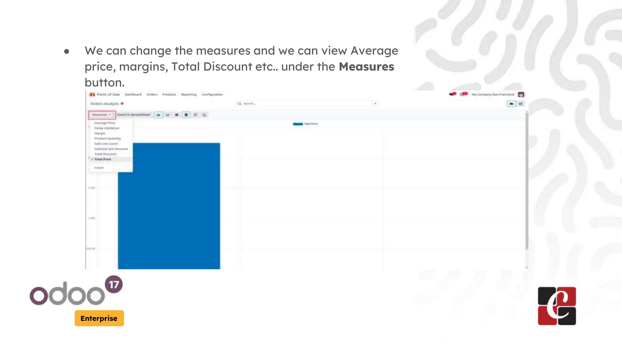 Enterprise
● We can change the measures and we can view Average
price, margins, Total Discount etc.. under the Measures
button.
 