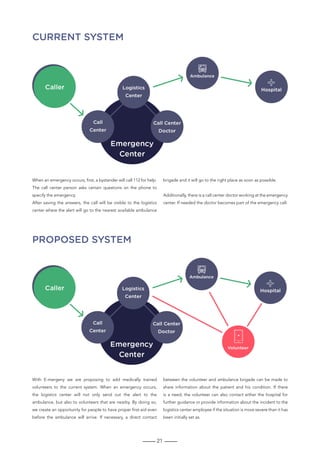 21
Current System
Proposed system
When an emergency occurs, first, a bystander will call 112 for help.
The call center person asks certain questions on the phone to
specify the emergency.
After saving the answers, the call will be visible to the logistics
center where the alert will go to the nearest available ambulance
brigade and it will go to the right place as soon as possible.
Additionally, there is a call center doctor working at the emergency
center. If needed the doctor becomes part of the emergency call.
With E-mergeny we are proposing to add medically trained
volunteers to the current system. When an emergency occurs,
the logistics center will not only send out the alert to the
ambulance, but also to volunteers that are nearby. By doing so,
we create an opportunity for people to have proper first-aid even
before the ambulance will arrive. If necessary, a direct contact
between the volunteer and ambulance brigade can be made to
share information about the patient and his condition. If there
is a need, the volunteer can also contact either the hospital for
further guidance or provide information about the incident to the
logistics center employee if the situation is more severe than it has
been initially set as.
 