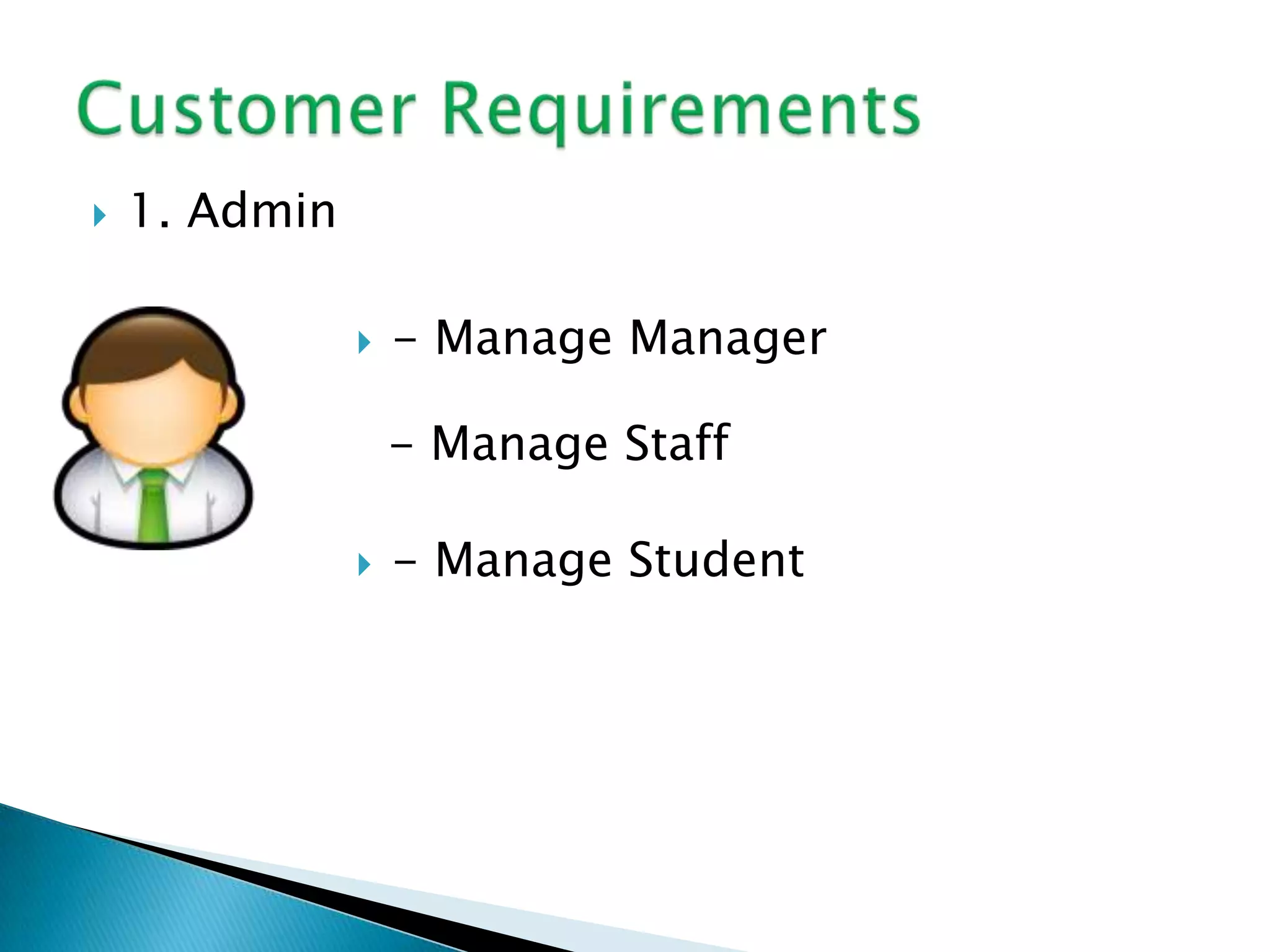    1. Admin

                  - Manage Manager

                   - Manage Staff

                  - Manage Student
 