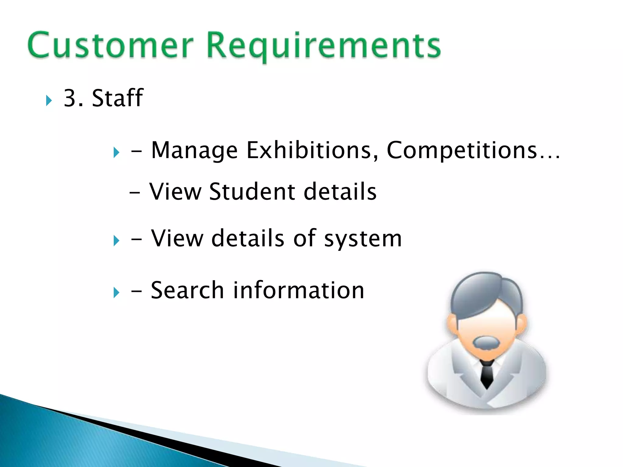    3. Staff

           - Manage Exhibitions, Competitions…
            - View Student details

           - View details of system

           - Search information
 