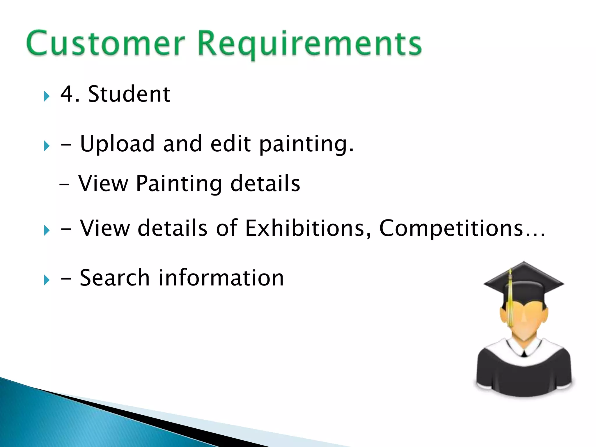    4. Student

   - Upload and edit painting.
    - View Painting details

   - View details of Exhibitions, Competitions…

   - Search information
 