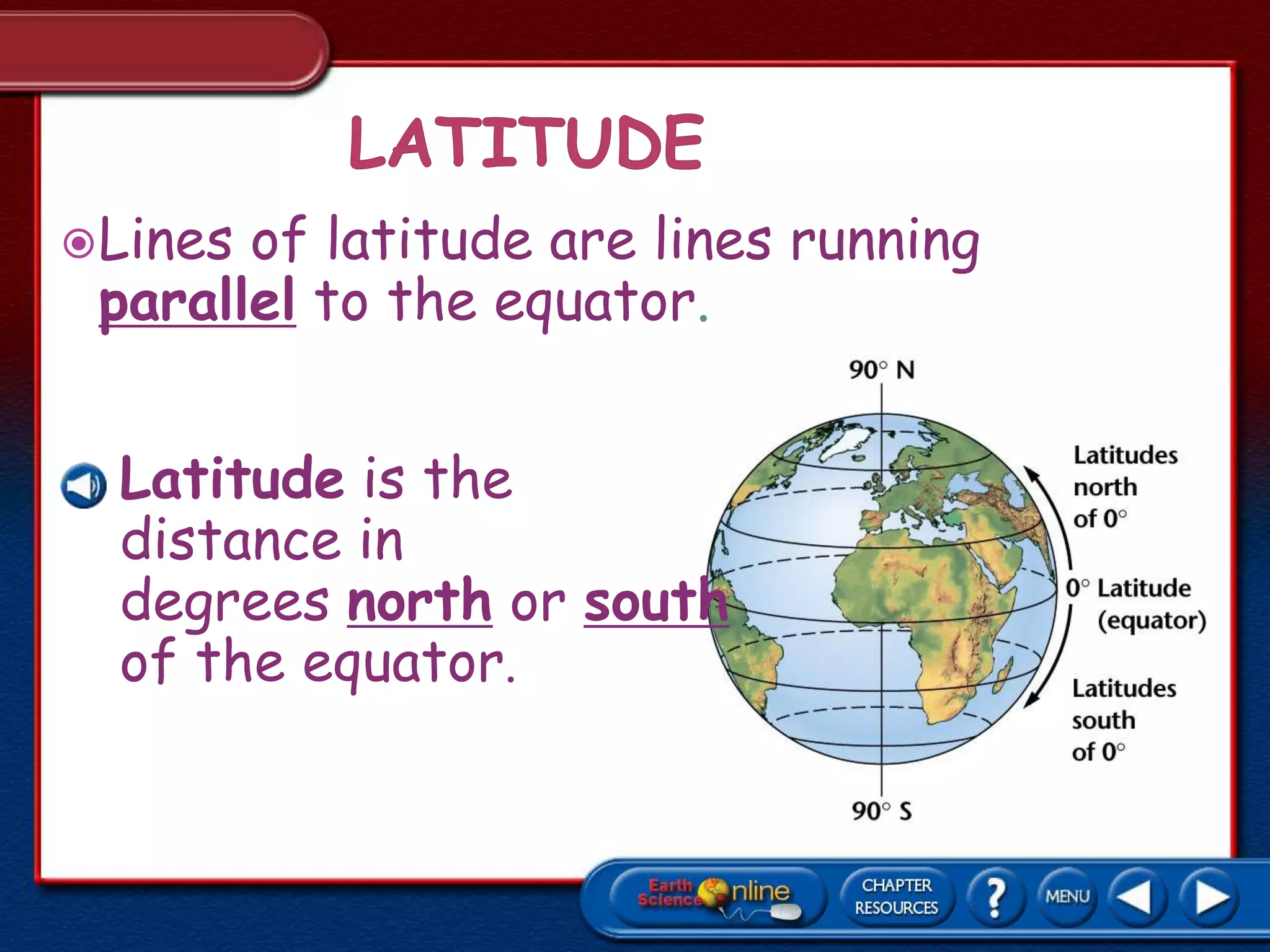Lines of latitude are lines running
parallel to the equator.
• Latitude is the
distance in
degrees north or south
of the equator.
 