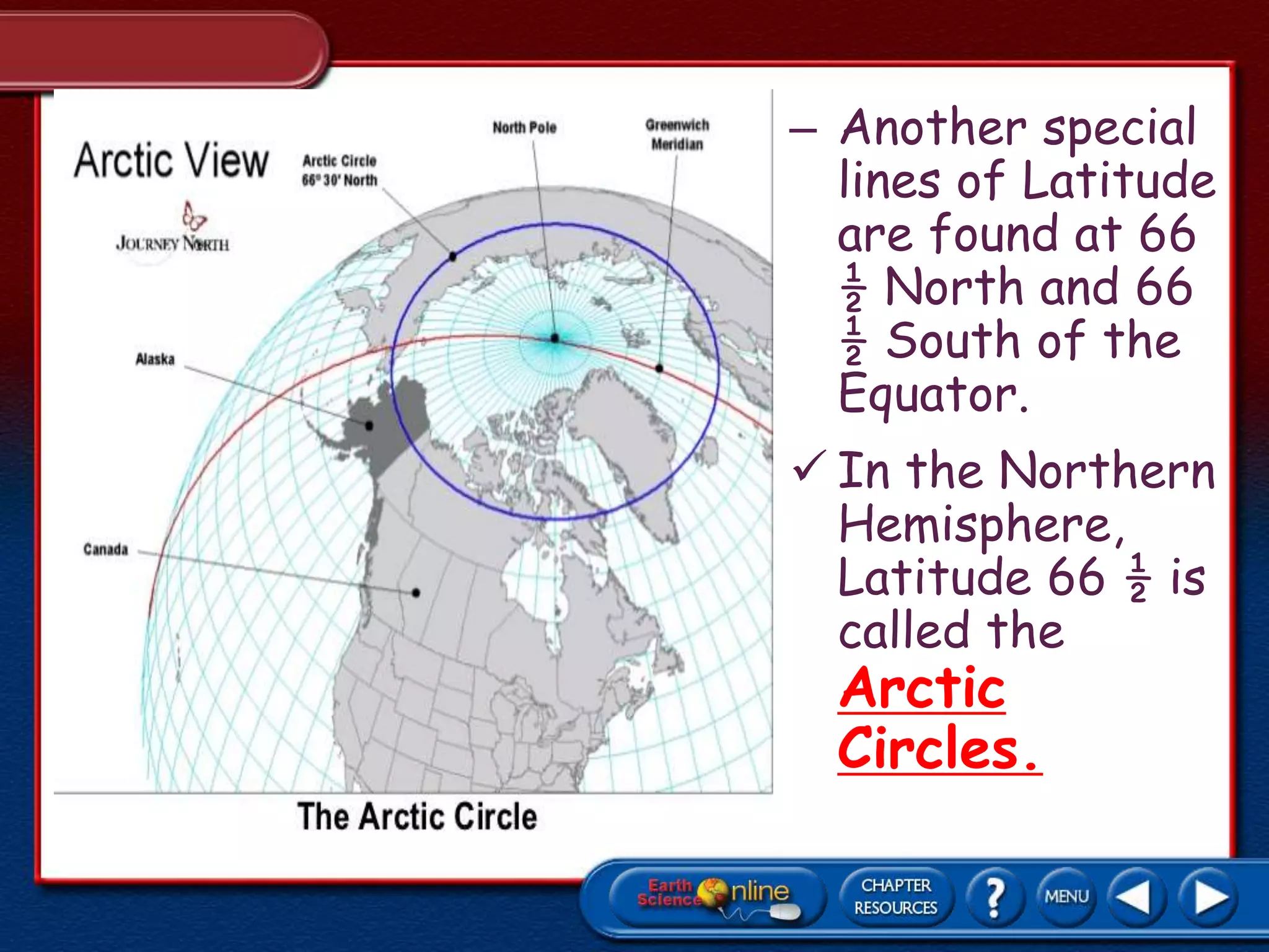 – Another special
lines of Latitude
are found at 66
½ North and 66
½ South of the
Equator.
 In the Northern
Hemisphere,
Latitude 66 ½ is
called the
Arctic
Circles.
 
