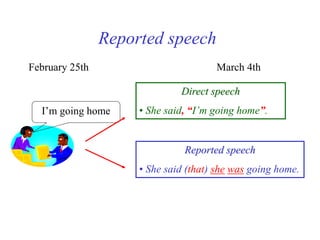 Reported speech
I’m going home
Direct speech
• She said, “I’m going home”.
February 25th March 4th
Reported speech
• She said (that) she was going home.
 