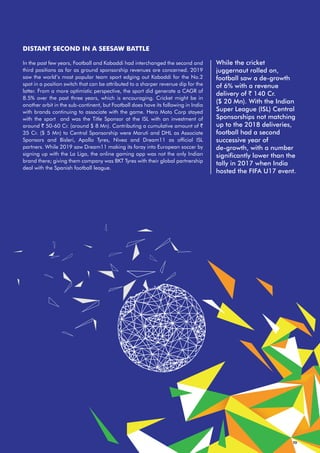 10
DISTANT SECOND IN A SEESAW BATTLE
In the past few years, Football and Kabaddi had interchanged the second and
third positions as far as ground sponsorship revenues are concerned. 2019
saw the world’s most popular team sport edging out Kabaddi for the No.2
spot in a position switch that can be attributed to a sharper revenue dip for the
latter. From a more optimistic perspective, the sport did generate a CAGR of
8.5% over the past three years, which is encouraging. Cricket might be in
another orbit in the sub-continent, but Football does have its following in India
with brands continuing to associate with the game. Hero Moto Corp stayed
with the sport and was the Title Sponsor at the ISL with an investment of
around ` 50-60 Cr. (around $ 8 Mn). Contributing a cumulative amount of `
35 Cr. ($ 5 Mn) to Central Sponsorship were Maruti and DHL as Associate
Sponsors and Bisleri, Apollo Tyres, Nivea and Dream11 as official ISL
partners. While 2019 saw Dream11 making its foray into European soccer by
signing up with the La Liga, the online gaming app was not the only Indian
brand there; giving them company was BKT Tyres with their global partnership
deal with the Spanish football league.
While the cricket
juggernaut rolled on,
football saw a de-growth
of 6% with a revenue
delivery of ` 140 Cr.
($ 20 Mn). With the Indian
Super League (ISL) Central
Sponsorships not matching
up to the 2018 deliveries,
football had a second
successive year of
de-growth, with a number
significantly lower than the
tally in 2017 when India
hosted the FIFA U17 event.
 