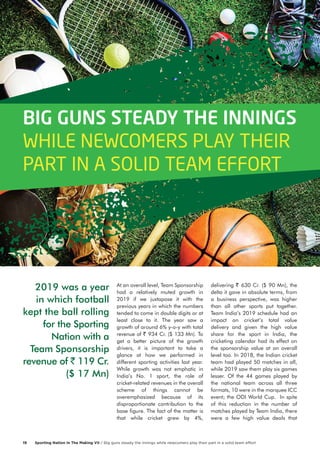 BIG GUNS STEADY THE INNINGS
WHILE NEWCOMERS PLAY THEIR
PART IN A SOLID TEAM EFFORT
Sporting Nation In The Making VII / Big guns steady the innings while newcomers play their part in a solid team effort19
At an overall level, Team Sponsorship
had a relatively muted growth in
2019 if we juxtapose it with the
previous years in which the numbers
tended to come in double digits or at
least close to it. The year saw a
growth of around 6% y-o-y with total
revenue of ` 934 Cr. ($ 133 Mn). To
get a better picture of the growth
drivers, it is important to take a
glance at how we performed in
different sporting activities last year.
While growth was not emphatic in
India’s No. 1 sport, the role of
cricket-related revenues in the overall
scheme of things cannot be
overemphasized because of its
disproportionate contribution to the
base figure. The fact of the matter is
that while cricket grew by 4%,
2019 was a year
in which football
kept the ball rolling
for the Sporting
Nation with a
Team Sponsorship
revenue of ` 119 Cr.
($ 17 Mn)
delivering ` 630 Cr. ($ 90 Mn), the
delta it gave in absolute terms, from
a business perspective, was higher
than all other sports put together.
Team India’s 2019 schedule had an
impact on cricket’s total value
delivery and given the high value
share for the sport in India, the
cricketing calendar had its effect on
the sponsorship value at an overall
level too. In 2018, the Indian cricket
team had played 50 matches in all,
while 2019 saw them play six games
lesser. Of the 44 games played by
the national team across all three
formats, 10 were in the marquee ICC
event; the ODI World Cup. In spite
of this reduction in the number of
matches played by Team India, there
were a few high value deals that
 