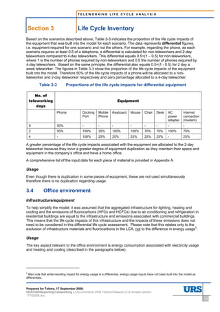 TELEWORKING LIFE CYCLE ANALYSIS




    Section 3                           Life Cycle Inventory
Based on the scenarios described above, Table 3-3 indicates the proportion of the life cycle impacts of
the equipment that was built into the model for each scenario. The data represents differential figures,
i.e. equipment required for one scenario and not the others. For example, regarding the phone, as each
scenario requires at least 0.5 of a telephone, a differential is calculated for non-teleworkers and 2-day
teleworkers compared to 4-day teleworkers. This differential equals 0.5=(1 – 0.5) for non-teleworkers,
where 1 is the number of phones required by non-teleworkers and 0.5 the number of phones required by
4-day teleworkers. Based on the same principle, the differential also equals 0.5=(1 - 0.5) for 2 day a
week teleworker. The figures in Table 3-3 show the proportion of the life cycle impacts of the equipment
built into the model. Therefore 50% of the life cycle impacts of a phone will be allocated to a non-
teleworker and 2-day teleworker respectively and zero percentage allocated to a 4-day teleworker.

          Table 3-3           Proportions of the life cycle impacts for differential equipment

       No. of
    teleworking                                                        Equipment
        days
                       Phone               Docking      Mobile     Keyboard      Mouse      Chair    Desk     AC          Internet
                                           Port         Phone                                                 power       connection
                                                                                                              adapter     (modem)
    0                  50%                 -            -          -             -          -        -        -           -
    2                  50%                 100%         25%        100%          100%       70%      70%      100%        70%
    4                  -                   100%         25%        25%           25%        25%      25%      -           25%

A greater percentage of the life cycle impacts associated with the equipment are allocated to the 2-day
teleworker because they incur a greater degree of equipment duplication as they maintain their space and
equipment in the company’s office and have a home office.
A comprehensive list of the input data for each piece of material is provided in Appendix A.

Usage
Even though there is duplication in some pieces of equipment, these are not used simultaneously
therefore there is no duplication regarding usage.

3.4          Office environment
Infrastructure/equipment
To help simplify the model, it was assumed that the aggregated infrastructure for lighting, heating and
cooling and the emissions of fluorocarbons (HFCs and HCFCs) due to air conditioning and refrigeration in
residential buildings are equal to the infrastructure and emissions associated with commercial buildings.
This means that the life cycle impacts of this infrastructure and the impacts of these emissions does not
need to be considered in this differential life cycle assessment. Please note that this relates only to the
exclusion of infrastructure materials and fluorocarbons in the LCA, not to the difference in energy usage5.

Usage
The key aspect relevant to the office environment is energy consumption associated with electricity usage
and heating and cooling (described in the paragraphs below).




5
 Also note that while resulting impact for energy usage is a differential, energy usage inputs have not been built into the model as
differentials.


Prepared for Telstra, 17 September 2008.
43283300ReportingTeleworking LCAComments 2008 TelstraTelework LCA revised version
17102008.doc
                                                                                                                                       3-4
 