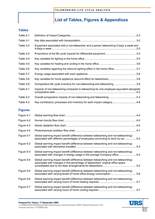 TELEWORKING LIFE CYCLE ANALYSIS




                                                                     List of Tables, Figures & Appendices
List of Tables, Figures & Appendices




Tables
Table 2-1                                   Definition of Impact Categories........................................................................................... 2-3
Table 3-1                                   Key data associated with transportation ............................................................................. 3-2
Table 3-2                                   Equipment associated with a non-teleworker and a person teleworking 2-days a week and
                                            4-days a week ..................................................................................................................... 3-3
Table 3-3                                   Proportions of the life cycle impacts for differential equipment .......................................... 3-4
Table 3-4                                   Key variables for lighting in the home office ....................................................................... 3-5
Table 3-5                                   Key variables for heating and cooling in the home office ................................................... 3-6
Table 3-6                                   Key variables regarding the rebound lighting effect in the home office.............................. 3-7
Table 3-7                                   Energy usage associated with each appliance................................................................... 3-8
Table 3-8                                   Key variables for home appliance rebound effect for teleworkers...................................... 3-8
Table 3-9                                   Comparative life cycle inventory for non-teleworking and teleworking ............................... 3-8
Table 4-1                                   Impacts of non-teleworking compared to teleworking for one employee equivalent alongside
                                            comparative data ................................................................................................................ 4-2
Table 4-2                                   Overall comparative impacts of non-teleworking and teleworking...................................... 4-3
Table 4-3                                   Key contributors, processes and inventory for each impact category ................................ 4-8


Figures
Figure 4-1                                  Global warming flow-chart .................................................................................................. 4-4
Figure 4-2                                  Human toxicity flow chart .................................................................................................... 4-5
Figure 4-3                                  Abiotic depletion flow chart ................................................................................................. 4-6
Figure 4-4                                  Photochemical oxidation flow chart .................................................................................... 4-7
Figure 5-1                                  Global warming impact benefit (difference between teleworking and non-teleworking)
                                            associated with different percentages of employees commuting to work by car................ 5-2
Figure 5-2                                  Global warming impact benefit (difference between teleworking and non-teleworking)
                                            associated with kilometres travelled ................................................................................... 5-3
Figure 5-3                                  Global warming impact benefit (difference between teleworking and non-teleworking)
                                            associated with changes in energy usage in the average Company office........................ 5-4
Figure 5-4                                  Global warming impact benefit (difference between teleworking and non-teleworking)
                                            associated with changes in the percentage of teleworkers’ original office space
                                            consolidated due to hot desk arrangements for teleworkers .............................................. 5-5
Figure 5-5                                  Global warming impact benefit (difference between teleworking and non-teleworking)
                                            associated with varying levels of home office energy consumption ................................... 5-6
Figure 5-6                                  Global warming impact benefit (difference between teleworking and non-teleworking)
                                            associated with varying hours of home heating required ................................................... 5-7
Figure 5-7                                  Global warming impact benefit (difference between teleworking and non-teleworking)
                                            associated with varying hours of home cooling required.................................................... 5-7
Error! No table of figures entries found.




Prepared for Telstra, 17 September 2008.
J:JOBS43283300ReportingTeleworking LCAComments 2008 TelstraTelework LCA
revised version 17102008.doc
                                                                                                                                                                                      iii
 