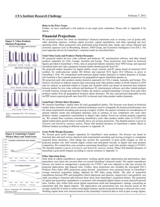 CFA Institute Research Challenge February 7, 2012
4
Figure 5: Video Products
Markets Projections
Figure 6: GameStop’s Global
Market Share and Total Gross
Margin
Source: GameStop, EIU, Bloomberg, CFA
University Team
Risks to the Price Target
Further, we have conducted a risk analysis to our target price estimation. Please refer to Appendix 9 for
details.
Financial Projections
We projected various line items on GameStop’s financial statements such as revenue, cost of goods sold,
other operating expenses, working capital accounts, capital expenditures, and other operating and non-
operating items. These projections were performed using historical data, trends, and various financial and
economic agencies such as Bloomberg, Reuters, NPD Group, and Economist Intelligence Unit (EIU). The
most important drivers for GameStop’s valuation model are described below.
Total Video Game and Products Market Dynamics
We projected market for new video software and hardware, PC entertainment software, and other related
products separately for USA, Canada, Australia and Europe. These projections were based on historical
figures provided in GameStop’s 10-Ks, data on projected industry dynamics from NPD Group, and expected
household audio and video equipment nominal market demand growth from EIU.
We projected market dynamics for digital mobile, social, console, and PC games based on historical 2010
numbers for north-american market ($6 billion) and expected 2014 figure ($12 billions), as given in
GameStop’s 10-K. We extrapolated north-american digital market dynamics to market dynamics in Europe
and Australia to have separate projections for geographical regions GameStop operates in.
We projected used video products market dynamics separately for USA, Canada, Australia, and Europe. This
forecast was based on industry analysts data concerning used video product market in North America in 2010
and our analysis on potential market in Europe and Australia which was based on historical inter-relations
between market for new video software and hardware, PC entertainment software, and other related products
in North America, Europe and Australia. Further, the analysis included GameStop’s revenue from used video
products market from all geographical locations shares dynamics. We also used personal disposable income
(in PPP terms) expected growth rates from EIU to forecast used video product market dynamics.
GameStop’s Market Share Dynamics
We forecast GameStop’s market share for each geographical market. The forecasts were based on historical
market shares dynamics and various statistical techniques used to extrapolate the historical performance into
the future (exponential smoothing and moving averages). Further, the analysis included our considerations of
general industry trends and anticipated dynamics such as entrance of new competitors into used video
products market, competition concentration in digital video market, Power-Up rewards program expansion
etc. We created three scenarios concerning GameStop’s used video product market share in FY2015 and
digital market share growth which eventually drove our revenue projections. The detailed analysis is given in
Scenario and Sensitivity analyses section. Please find detailed dynamics of GameStop’s market shares in
different markets according to different scenarios in Appendix 10.
Gross Profit Margin Dynamics
We forecast gross profit margins separately for GameStop’s main products. The forecast was based on
historical data and used various statistical tools (exponential smoothing and moving averages) to extrapolate
expected future dynamics, while taking into account the seasonality of gross profit margins as well as
projected product mix shift towards digital content and anticipated increase in digital and used products
competition. We created three case scenarios concerning GameStop’s used video product margin in FY2015.
The detailed analysis is given in Scenario and Sensitivity analyses section. Please find detailed dynamics of
GameStop’s gross profit margins according to various scenarios in Appendix 11.
Other Operating Items
Such items as capital expenditures, acquisitions, working capital needs, depreciation and amortization, share
repurchases were taken into account when we created GameStop’s financial model. The capital expenditures
forecast was based on management’s projections for FY2011 and were adjusted to take into account the
projected depreciation and disposal rates. Further, these projections also included the anticipated EIU’s
Producer Price Index (PPI) projections going forward. Acquisitions were projected based on GameStop’s
average historical acquisition budget, adjusted for PPI index going further. The split of acquisition
expenditures between PPE and Intangibles (which depreciate and amortize, respectively), and goodwill, was
made according to historical split between these items from GameStop’s acquisition history. The projection
of capital and acquisition expenditures is consistent with anticipated digital market revenue and profit growth
rates. Further, they reflect both recent digital acquisitions trend and management’s strategy concerning an
operational shift into digital industry. The depreciation and amortization rate was forecast based on the
average useful life of assets in online retail/digital industry and the projected decrease in physical store count.
Working capital items were forecast based on the GameStop’s historical data as well as peer average figures,
Source: GameStop, EIU, CFA University
Team
 