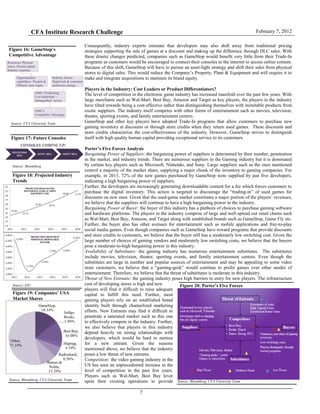 CFA Institute Research Challenge February 7, 2012
7
Figure 16: GameStop’s
Competitive Advantage
Source: CFA University Team
Figure 17: Future Consoles
Source: Bloomberg
Figure 18: Projected Industry
Trends
Source: EIU
Figure 19: Companies’ USA
Market Shares
Source: Bloomberg, CFA University Team Source: Bloomberg, CFA University Team
Figure 20: Porter’s Five Forces
Consequently, industry experts estimate that developers may also shift away from traditional pricing
strategies supporting the sale of games at a discount and making up the difference through DLC sales. With
these drastic changes predicted, companies such as GameStop would benefit very little from their Trade-In
programs as customers would be encouraged to connect their consoles to the internet to access online content.
Because of this shift, GameStop will have to pursue an asset-light strategy and shift their sales from physical
stores to digital sales. This would reduce the Company’s Property, Plant & Equipment and will require it to
make and integrate acquisitions to maintain its brand equity.
Players in the Industry: Cost Leaders or Product Differentiators?
The level of competition in the electronic game industry has increased manifold over the past few years. With
large merchants such as Wal-Mart, Best Buy, Amazon and Target as key players, the players in the industry
have tilted towards being a cost-effective rather than distinguishing themselves with inimitable products from
exotic suppliers. The industry itself competes with other forms of entertainment such as movies, television,
theatre, sporting events, and family entertainment centers.
GameStop and other key players have adopted Trade-In programs that allow customers to purchase new
gaming inventory at discounts or through store credits when they return used games. These discounts and
store credits characterize the cost-effectiveness of the industry. However, GameStop strives to distinguish
itself with high quality human capital providing exceptional service to its customers.
Porter’s Five Forces Analysis
Bargaining Power of Suppliers: the bargaining power of suppliers is determined by their number, penetration
in the market, and industry trends. There are numerous suppliers to the Gaming industry but it is dominated
by certain key players such as Microsoft, Nintendo, and Sony. Large suppliers such as the ones mentioned
control a majority of the market share, supplying a major chunk of the inventory to gaming companies. For
example, in 2011, 72% of the new games purchased by GameStop were supplied by just five developers,
indicating a high bargaining power of suppliers.
Further, the developers are increasingly generating downloadable content for a fee which forces customers to
purchase the digital inventory. This action is targeted to discourage the “trading-in” of used games for
discounts on new ones. Given that the used-game market constitutes a major portion of the players’ revenues,
we believe that the suppliers will continue to have a high bargaining power in the industry.
Bargaining Power of Buyer: the buyer of this industry has a plethora of choices to purchase gaming software
and hardware platforms. The players in the industry comprise of large and well-spread out retail chains such
as Wal-Mart, Best Buy, Amazon, and Target along with established brands such as GameStop, Game Fly etc.
Further, the buyer also has other avenues for entertainment such as mobile applications and free-to-play
social media games. Even though companies such as GameStop have reward programs that provide discounts
and store credits to customers, we believe that the buyer still has a moderately low switching cost. Given the
large number of choices of gaming vendors and moderately low switching costs, we believe that the buyers
pose a moderate-to-high bargaining power in this industry.
Availability of Substitutes: the gaming industry has numerous entertainment substitutes. The substitutes
include movies, television, theater, sporting events, and family entertainment centers. Even though the
substitutes are large in number and popular sources of entertainment and may be appealing to some video
store customers, we believe that a “gaming-geek” would continue to prefer games over other modes of
entertainment. Therefore, we believe that the threat of substitutes is moderate in this industry.
Threat of New Entrants: the gaming industry poses high barriers to entry for new players. The infrastructure
cost of developing stores is high and new
players will find it difficult to raise adequate
capital to fulfill this need. Further, most
gaming players rely on an established brand
identity built through channelized marketing
efforts. New Entrants may find it difficult to
penetrate a saturated market such as this one
to effectively compete in the industry. Further,
we also believe that players in this industry
depend heavily on strong relationships with
developers, which would be hard to nurture
for a new entrant. Given the reasons
mentioned above, we believe that the industry
poses a low threat of new entrants.
Competition: the video gaming industry in the
US has seen an unprecedented increase in the
level of competition in the past few years.
Players such as Wal-Mart, Best Buy lever
upon their existing operations to provide
 