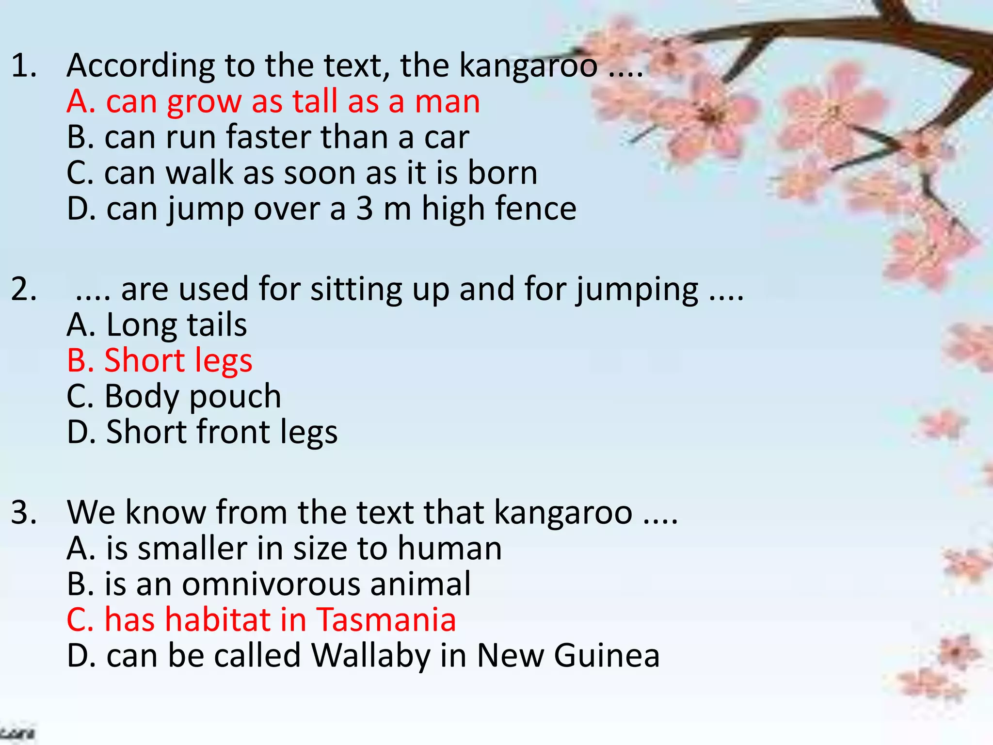 1. According to the text, the kangaroo ....
A. can grow as tall as a man
B. can run faster than a car
C. can walk as soon as it is born
D. can jump over a 3 m high fence
2. .... are used for sitting up and for jumping ....
A. Long tails
B. Short legs
C. Body pouch
D. Short front legs
3. We know from the text that kangaroo ....
A. is smaller in size to human
B. is an omnivorous animal
C. has habitat in Tasmania
D. can be called Wallaby in New Guinea
 
