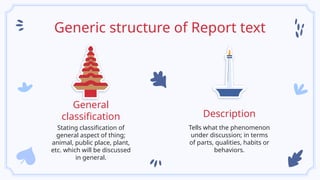 Generic structure of Report text
Stating classification of
general aspect of thing;
animal, public place, plant,
etc. which will be discussed
in general.
General
classification
Tells what the phenomenon
under discussion; in terms
of parts, qualities, habits or
behaviors.
Description
 