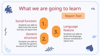 Social function
1.
Students are able to
determine the social
function of report text
What we are going to learn
3. Students are able to
know the language
feature contained in
report text
Language
feature
2.
Students are able to
identify the generic
structure of report text
Generic
structure
Report Text
 