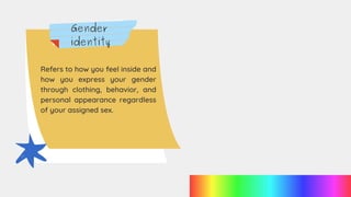 Gender
identity
Refers to how you feel inside and
how you express your gender
through clothing, behavior, and
personal app...
