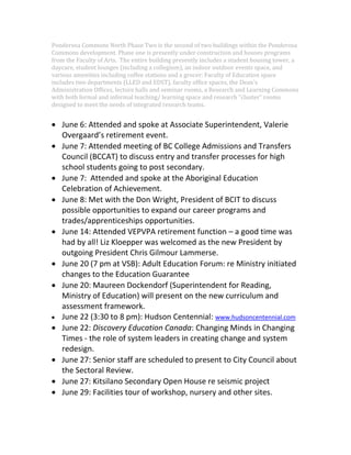Ponderosa Commons North Phase Two is the second of two buildings within the Ponderosa
Commons development. Phase one is presently under construction and houses programs
from the Faculty of Arts. The entire building presently includes a student housing tower, a
daycare, student lounges (including a collegium), an indoor outdoor events space, and
various amenities including coffee stations and a grocer; Faculty of Education space
includes two departments (LLED and EDST), faculty office spaces, the Dean's
Administration Offices, lecture halls and seminar rooms, a Research and Learning Commons
with both formal and informal teaching/ learning space and research "cluster" rooms
designed to meet the needs of integrated research teams.
June 6: Attended and spoke at Associate Superintendent, Valerie
Overgaard’s retirement event.
June 7: Attended meeting of BC College Admissions and Transfers
Council (BCCAT) to discuss entry and transfer processes for high
school students going to post secondary.
June 7: Attended and spoke at the Aboriginal Education
Celebration of Achievement.
June 8: Met with the Don Wright, President of BCIT to discuss
possible opportunities to expand our career programs and
trades/apprenticeships opportunities.
June 14: Attended VEPVPA retirement function – a good time was
had by all! Liz Kloepper was welcomed as the new President by
outgoing President Chris Gilmour Lammerse.
June 20 (7 pm at VSB): Adult Education Forum: re Ministry initiated
changes to the Education Guarantee
June 20: Maureen Dockendorf (Superintendent for Reading,
Ministry of Education) will present on the new curriculum and
assessment framework.
June 22 (3:30 to 8 pm): Hudson Centennial: www.hudsoncentennial.com
June 22: Discovery Education Canada: Changing Minds in Changing
Times - the role of system leaders in creating change and system
redesign.
June 27: Senior staff are scheduled to present to City Council about
the Sectoral Review.
June 27: Kitsilano Secondary Open House re seismic project
June 29: Facilities tour of workshop, nursery and other sites.
 