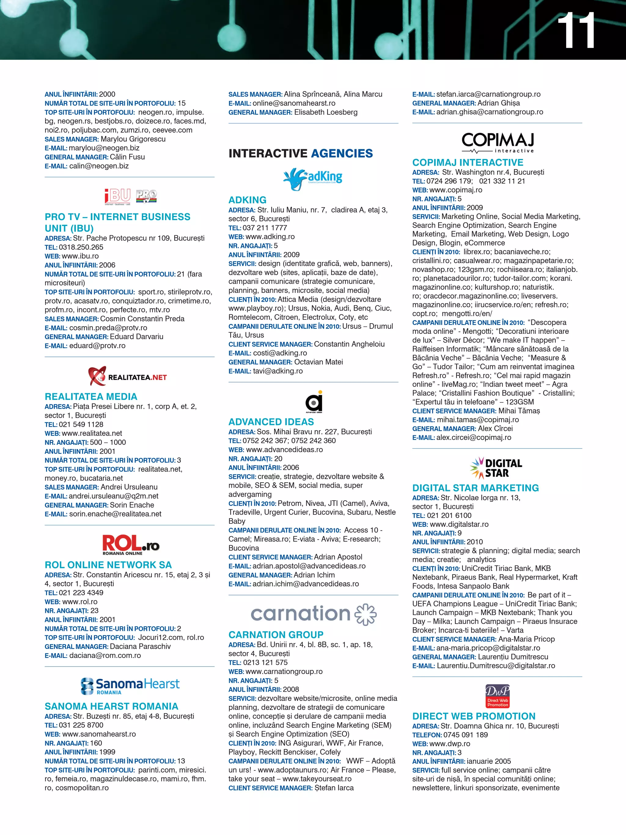 11
ANUL |NFIINT~RII: 2000                                   SALES MANAGER: Alina Sprncean`, Alina Marcu           E-MAIL: stefan.iarca@carnationgroup.ro
NUM~R TOTAL DE SITE-URI |N PORTOFOLIU: 15                E-MAIL: online@sanomahearst.ro                         GENERAL MANAGER: Adrian Ghi[a
TOP SITE-URI |N PORTOFOLIU: neogen.ro, impulse.          GENERAL MANAGER: Elisabeth Loesberg                    E-MAIL: adrian.ghisa@carnationgroup.ro
bg, neogen.rs, bestjobs.ro, doizece.ro, faces.md,
noi2.ro, poljubac.com, zumzi.ro, ceevee.com
SALES MANAGER: Marylou Grigorescu
E-MAIL: marylou@neogen.biz
GENERAL MANAGER: C`lin Fusu                              INtEractIvE agENcIEs
E-MAIL: calin@neogen.biz                                                                                        COPIMAJ INTERACTIVE
                                                                                                                ADRESA: Str. Washington nr.4, Bucure[ti
                                                                                                                TEL: 0724 296 179; 021 332 11 21
                                                                                                                WEB: www.copimaj.ro
                                                         ADKING                                                 NR. ANGAJA}I: 5
                                                         ADRESA: Str. Iuliu Maniu, nr. 7, cladirea A, etaj 3,   ANUL |NFIINT~RII: 2009
PRO TV – INTERNET BUSINESS                               sector 6, Bucure[ti                                    SERVICII: Marketing Online, Social Media Marketing,
                                                                                                                Search Engine Optimization, Search Engine
UNIT (IBU)                                               TEL: 037 211 1777
                                                         WEB: www.adking.ro                                     Marketing, Email Marketing, Web Design, Logo
ADRESA: Str. Pache Protopescu nr 109, Bucure[ti
                                                         NR. ANGAJA}I: 5                                        Design, Blogin, eCommerce
TEL: 0318.250.265
                                                         ANUL |NFIINT~RII: 2009                                 CLIEN}I |N 2010: librex.ro; bacaniaveche.ro;
WEB: www.ibu.ro
                                                         SERVICII: design (identitate grafic`, web, banners),   cristallini.ro; casualwear.ro; magazinpapetarie.ro;
ANUL |NFIINT~RII: 2006
                                                         dezvoltare web (sites, aplica]ii, baze de date),       novashop.ro; 123gsm.ro; rochiiseara.ro; italianjob.
NUM~R TOTAL DE SITE-URI |N PORTOFOLIU: 21 (fara
                                                         campanii comunicare (strategie comunicare,             ro; planetacadourilor.ro; tudor-tailor.com; korani.
micrositeuri)
                                                         planning, banners, microsite, social media)            magazinonline.co; kulturshop.ro; naturistik.
TOP SITE-URI |N PORTOFOLIU: sport.ro, stirileprotv.ro,
                                                         CLIEN}I |N 2010: Attica Media (design/dezvoltare
                                                                                                                ro; oracdecor.magazinonline.co; liveservers.
protv.ro, acasatv.ro, conquiztador.ro, crimetime.ro,
                                                         www.playboy.ro); Ursus, Nokia, Audi, Benq, Ciuc,       magazinonline.co; iirucservice.ro/en; refresh.ro;
profm.ro, incont.ro, perfecte.ro, mtv.ro
                                                         Romtelecom, Citroen, Electrolux, Coty, etc             copt.ro; mengotti.ro/en/
SALES MANAGER: Cosmin Constantin Preda
                                                                                                                CAMPANII DERULATE ONLINE |N 2010: “Descopera
E-MAIL: cosmin.preda@protv.ro                            CAMPANII DERULATE ONLINE |N 2010: Ursus – Drumul
                                                                                                                moda online” - Mengotti; “Decoratiuni interioare
GENERAL MANAGER: Eduard Darvariu                         T`u, Ursus
                                                                                                                de lux” – Silver Décor; “We make IT happen” –
E-MAIL: eduard@protv.ro                                  CLIENT SERVICE MANAGER: Constantin Angheloiu
                                                                                                                Raiffeisen Informatik; “Mâncare s`n`toas` de la
                                                         E-MAIL: costi@adking.ro
                                                                                                                B`c`nia Veche” – B`c`nia Veche; “Measure &
                                                         GENERAL MANAGER: Octavian Matei
                                                                                                                Go” – Tudor Tailor; “Cum am reinventat imaginea
                                                         E-MAIL: tavi@adking.ro
                                                                                                                Refresh.ro” - Refresh.ro; “Cel mai rapid magazin
                                                                                                                online” - liveMag.ro; “Indian tweet meet” – Agra
                                                                                                                Palace; “Cristallini Fashion Boutique” - Cristallini;
REALITATEA MEDIA                                                                                                “Expertul t`u in telefoane” – 123GSM
ADRESA: Pia]a Presei Libere nr. 1, corp A, et. 2,
                                                                                                                CLIENT SERVICE MANAGER: Mihai T`ma[
sector 1, Bucure[ti
                                                         ADVANCED IDEAS                                         E-MAIL: mihai.tamas@copimaj.ro
TEL: 021 549 1128
                                                                                                                GENERAL MANAGER: Alex Crcei
WEB: www.realitatea.net                                  ADRESA: Sos. Mihai Bravu nr. 227, Bucure[ti
                                                                                                                E-MAIL: alex.circei@copimaj.ro
NR. ANGAJA}I: 500 – 1000                                 TEL: 0752 242 367; 0752 242 360
ANUL |NFIINT~RII: 2001                                   WEB: www.advancedideas.ro
NUM~R TOTAL DE SITE-URI |N PORTOFOLIU: 3                 NR. ANGAJA}I: 20
TOP SITE-URI |N PORTOFOLIU: realitatea.net,              ANUL |NFIINT~RII: 2006
money.ro, bucataria.net                                  SERVICII: crea]ie, strategie, dezvoltare website &
SALES MANAGER: Andrei Ursuleanu                          mobile, SEO & SEM, social media, super                 DIGITAL STAR MARKETING
E-MAIL: andrei.ursuleanu@q2m.net                         advergaming                                            ADRESA: Str. Nicolae Iorga nr. 13,
GENERAL MANAGER: Sorin Enache                            CLIEN}I |N 2010: Petrom, Nivea, JTI (Camel), Aviva,
                                                                                                                sector 1, Bucure[ti
E-MAIL: sorin.enache@realitatea.net                      Tradeville, Urgent Curier, Bucovina, Subaru, Nestle    TEL: 021 201 6100
                                                         Baby                                                   WEB: www.digitalstar.ro
                                                         CAMPANII DERULATE ONLINE |N 2010: Access 10 -          NR. ANGAJA}I: 9
                                                         Camel; Mireasa.ro; E-viata - Aviva; E-research;        ANUL |NFIINT~RII: 2010
                                                         Bucovina                                               SERVICII: strategie & planning; digital media; search
                                                         CLIENT SERVICE MANAGER: Adrian Apostol                 media; creatie; analytics
ROL ONLINE NETWORK SA                                    E-MAIL: adrian.apostol@advancedideas.ro                CLIEN}I |N 2010: UniCredit Tiriac Bank, MKB
ADRESA: Str. Constantin Aricescu nr. 15, etaj 2, 3 [i    GENERAL MANAGER: Adrian Ichim                          Nextebank, Piraeus Bank, Real Hypermarket, Kraft
4, sector 1, Bucure[ti                                   E-MAIL: adrian.ichim@advancedideas.ro                  Foods, Intesa Sanpaolo Bank
TEL: 021 223 4349                                                                                               CAMPANII DERULATE ONLINE |N 2010: Be part of it –
WEB: www.rol.ro                                                                                                 UEFA Champions League – UniCredit Tiriac Bank;
NR. ANGAJA}I: 23                                                                                                Launch Campaign – MKB Nextebank; Thank you
ANUL |NFIINT~RII: 2001                                                                                          Day – Milka; Launch Campaign – Piraeus Insurace
NUM~R TOTAL DE SITE-URI |N PORTOFOLIU: 2                                                                        Broker; Incarca-ti bateriile! – Varta
TOP SITE-URI |N PORTOFOLIU: Jocuri12.com, rol.ro         CARNATION GROUP                                        CLIENT SERVICE MANAGER: Ana-Maria Pricop
GENERAL MANAGER: Daciana Paraschiv                       ADRESA: Bd. Unirii nr. 4, bl. 8B, sc. 1, ap. 18,
                                                                                                                E-MAIL: ana-maria.pricop@digitalstar.ro
E-MAIL: daciana@rom.com.ro                               sector 4, Bucure[ti                                    GENERAL MANAGER: Lauren]iu Dumitrescu
                                                         TEL: 0213 121 575                                      E-MAIL: Laurentiu.Dumitrescu@digitalstar.ro
                                                         WEB: www.carnationgroup.ro
                                                         NR. ANGAJA}I: 5
                                                         ANUL |NFIINT~RII: 2008
                                                         SERVICII: dezvoltare website/microsite, online media
SANOMA HEARST ROMANIA                                    planning, dezvoltare de strategii de comunicare
ADRESA: Str. Buze[ti nr. 85, etaj 4-8, Bucure[ti         online, concep]ie [i derulare de campanii media        DIRECT WEB PROMOTION
TEL: 031 225 8700                                        online, incluzând Search Engine Marketing (SEM)        ADRESA: Str. Doamna Ghica nr. 10, Bucure[ti
WEB: www.sanomahearst.ro                                 [i Search Engine Optimization (SEO)                    TELEFON: 0745 091 189
NR. ANGAJA}I: 160                                        CLIEN}I |N 2010: ING Asigurari, WWF, Air France,       WEB: www.dwp.ro
ANUL |NFIINT~RII: 1999                                   Playboy, Reckitt Benckiser, Cofely                     NR. ANGAJA}I: 3
NUM~R TOTAL DE SITE-URI |N PORTOFOLIU: 13                CAMPANII DERULATE ONLINE |N 2010: WWF – Adopt`         ANUL |NFIINT~RII: ianuarie 2005
TOP SITE-URI |N PORTOFOLIU: parinti.com, miresici.       un urs! - www.adoptaunurs.ro; Air France – Please,     SERVICII: full service online; campanii c`tre
ro, femeia.ro, magazinuldecase.ro, mami.ro, fhm.         take your seat – www.takeyourseat.ro                   site-uri de ni[`, n special comunit`]i online;
ro, cosmopolitan.ro                                      CLIENT SERVICE MANAGER: {tefan Iarca                   newslettere, linkuri sponsorizate, evenimente
 