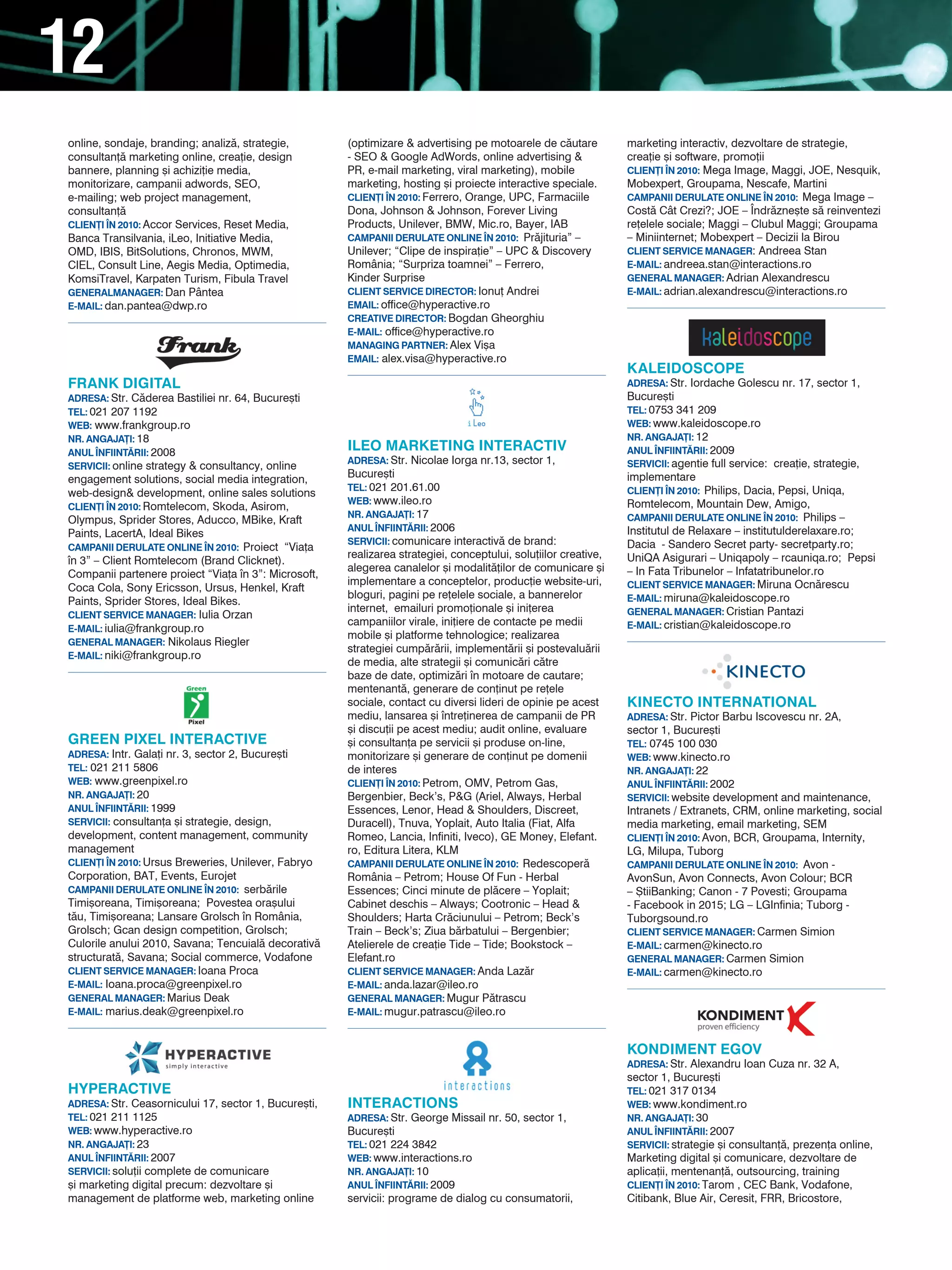 12
online, sondaje, branding; analiz`, strategie,        (optimizare & advertising pe motoarele de c`utare          marketing interactiv, dezvoltare de strategie,
consultan]` marketing online, crea]ie, design         - SEO & Google AdWords, online advertising &               crea]ie [i software, promo]ii
bannere, planning [i achizi]ie media,                 PR, e-mail marketing, viral marketing), mobile             CLIEN}I |N 2010: Mega Image, Maggi, JOE, Nesquik,
monitorizare, campanii adwords, SEO,                  marketing, hosting [i proiecte interactive speciale.       Mobexpert, Groupama, Nescafe, Martini
e-mailing; web project management,                    CLIEN}I |N 2010: Ferrero, Orange, UPC, Farmaciile          CAMPANII DERULATE ONLINE |N 2010: Mega Image –
consultan]`                                           Dona, Johnson & Johnson, Forever Living                    Cost` Cât Crezi?; JOE – |ndr`zne[te s` reinventezi
CLIEN}I |N 2010: Accor Services, Reset Media,         Products, Unilever, BMW, Mic.ro, Bayer, IAB                re]elele sociale; Maggi – Clubul Maggi; Groupama
Banca Transilvania, iLeo, Initiative Media,           CAMPANII DERULATE ONLINE |N 2010: Pr`jituria” –            – Miniinternet; Mobexpert – Decizii la Birou
OMD, IBIS, BitSolutions, Chronos, MWM,                Unilever; “Clipe de inspira]ie” – UPC & Discovery          CLIENT SERVICE MANAGER: Andreea Stan
CIEL, Consult Line, Aegis Media, Optimedia,           România; “Surpriza toamnei” – Ferrero,                     E-MAIL: andreea.stan@interactions.ro
KomsiTravel, Karpaten Turism, Fibula Travel           Kinder Surprise                                            GENERAL MANAGER: Adrian Alexandrescu
GENERALMANAGER: Dan Pântea                            CLIENT SERVICE DIRECTOR: Ionu] Andrei                      E-MAIL: adrian.alexandrescu@interactions.ro
E-MAIL: dan.pantea@dwp.ro                             EMAIL: office@hyperactive.ro
                                                      CREATIVE DIRECTOR: Bogdan Gheorghiu
                                                      E-MAIL: office@hyperactive.ro
                                                      MANAGING PARTNER: Alex Vi[a
                                                      EMAIL: alex.visa@hyperactive.ro
                                                                                                                 KALEIDOSCOPE
FRANK DIGITAL                                                                                                    ADRESA: Str. Iordache Golescu nr. 17, sector 1,
ADRESA: Str. C`derea Bastiliei nr. 64, Bucure[ti                                                                 Bucure[ti
TEL: 021 207 1192                                                                                                TEL: 0753 341 209
WEB: www.frankgroup.ro                                                                                           WEB: www.kaleidoscope.ro
NR. ANGAJA}I: 18                                                                                                 NR. ANGAJA}I: 12
ANUL |NFIINT~RII: 2008
                                                      ILEO MARKETING INTERACTIV                                  ANUL |NFIINT~RII: 2009
                                                      ADRESA: Str. Nicolae Iorga nr.13, sector 1,                SERVICII: agentie full service: crea]ie, strategie,
SERVICII: online strategy & consultancy, online
                                                      Bucure[ti                                                  implementare
engagement solutions, social media integration,
                                                      TEL: 021 201.61.00                                         CLIEN}I |N 2010: Philips, Dacia, Pepsi, Uniqa,
web-design& development, online sales solutions
                                                      WEB: www.ileo.ro                                           Romtelecom, Mountain Dew, Amigo,
CLIEN}I |N 2010: Romtelecom, Skoda, Asirom,
                                                      NR. ANGAJA}I: 17                                           CAMPANII DERULATE ONLINE |N 2010: Philips –
Olympus, Sprider Stores, Aducco, MBike, Kraft
                                                      ANUL |NFIINT~RII: 2006                                     Institutul de Relaxare – institutulderelaxare.ro;
Paints, LacertA, Ideal Bikes
                                                      SERVICII: comunicare interactiv` de brand:                 Dacia - Sandero Secret party- secretparty.ro;
CAMPANII DERULATE ONLINE |N 2010: Proiect “Via]a
                                                      realizarea strategiei, conceptului, solu]iilor creative,   UniQA Asigurari – Uniqapoly – rcauniqa.ro; Pepsi
n 3” – Client Romtelecom (Brand Clicknet).
                                                      alegerea canalelor [i modalit`]ilor de comunicare [i       – In Fata Tribunelor – Infatatribunelor.ro
Companii partenere proiect “Via]a n 3”: Microsoft,
                                                      implementare a conceptelor, produc]ie website-uri,         CLIENT SERVICE MANAGER: Miruna Ocn`rescu
Coca Cola, Sony Ericsson, Ursus, Henkel, Kraft
                                                      bloguri, pagini pe re]elele sociale, a bannerelor          E-MAIL: miruna@kaleidoscope.ro
Paints, Sprider Stores, Ideal Bikes.
                                                      internet, emailuri promo]ionale [i ini]erea                GENERAL MANAGER: Cristian Pantazi
CLIENT SERVICE MANAGER: Iulia Orzan
                                                      campaniilor virale, ini]iere de contacte pe medii          E-MAIL: cristian@kaleidoscope.ro
E-MAIL: iulia@frankgroup.ro
                                                      mobile [i platforme tehnologice; realizarea
GENERAL MANAGER: Nikolaus Riegler
                                                      strategiei cump`r`rii, implement`rii [i postevalu`rii
E-MAIL: niki@frankgroup.ro
                                                      de media, alte strategii [i comunic`ri c`tre
                                                      baze de date, optimiz`ri n motoare de cautare;
                                                      mentenant`, generare de con]inut pe re]ele
                                                      sociale, contact cu diversi lideri de opinie pe acest      KINECTO INTERNATIONAL
                                                      mediu, lansarea [i ntre]inerea de campanii de PR          ADRESA: Str. Pictor Barbu Iscovescu nr. 2A,
                                                      [i discu]ii pe acest mediu; audit online, evaluare         sector 1, Bucure[ti
GREEN PIxEL INTERACTIVE                               [i consultan]a pe servicii [i produse on-line,             TEL: 0745 100 030
ADRESA: Intr. Gala]i nr. 3, sector 2, Bucure[ti       monitorizare [i generare de con]inut pe domenii            WEB: www.kinecto.ro
TEL: 021 211 5806                                     de interes                                                 NR. ANGAJA}I: 22
WEB: www.greenpixel.ro                                CLIEN}I |N 2010: Petrom, OMV, Petrom Gas,                  ANUL |NFIINT~RII: 2002
NR. ANGAJA}I: 20                                      Bergenbier, Beck’s, P&G (Ariel, Always, Herbal             SERVICII: website development and maintenance,
ANUL |NFIINT~RII: 1999                                Essences, Lenor, Head & Shoulders, Discreet,               Intranets / Extranets, CRM, online marketing, social
SERVICII: consultan]a [i strategie, design,           Duracell), Tnuva, Yoplait, Auto Italia (Fiat, Alfa         media marketing, email marketing, SEM
development, content management, community            Romeo, Lancia, Infiniti, Iveco), GE Money, Elefant.        CLIEN}I |N 2010: Avon, BCR, Groupama, Internity,
management                                            ro, Editura Litera, KLM                                    LG, Milupa, Tuborg
CLIEN}I |N 2010: Ursus Breweries, Unilever, Fabryo    CAMPANII DERULATE ONLINE |N 2010: Redescoper`              CAMPANII DERULATE ONLINE |N 2010: Avon -
Corporation, BAT, Events, Eurojet                     România – Petrom; House Of Fun - Herbal                    AvonSun, Avon Connects, Avon Colour; BCR
CAMPANII DERULATE ONLINE |N 2010: serb`rile           Essences; Cinci minute de pl`cere – Yoplait;               – {tiiBanking; Canon - 7 Povesti; Groupama
Timi[oreana, Timi[oreana; Povestea ora[ului           Cabinet deschis – Always; Cootronic – Head &               - Facebook in 2015; LG – LGInfinia; Tuborg -
t`u, Timi[oreana; Lansare Grolsch n România,         Shoulders; Harta Cr`ciunului – Petrom; Beck’s              Tuborgsound.ro
Grolsch; Gcan design competition, Grolsch;            Train – Beck’s; Ziua b`rbatului – Bergenbier;              CLIENT SERVICE MANAGER: Carmen Simion
Culorile anului 2010, Savana; Tencuial` decorativ`    Atelierele de crea]ie Tide – Tide; Bookstock –             E-MAIL: carmen@kinecto.ro
structurat`, Savana; Social commerce, Vodafone        Elefant.ro                                                 GENERAL MANAGER: Carmen Simion
CLIENT SERVICE MANAGER: Ioana Proca                   CLIENT SERVICE MANAGER: Anda Laz`r                         E-MAIL: carmen@kinecto.ro
E-MAIL: Ioana.proca@greenpixel.ro                     E-MAIL: anda.lazar@ileo.ro
GENERAL MANAGER: Marius Deak                          GENERAL MANAGER: Mugur P`trascu
E-MAIL: marius.deak@greenpixel.ro                     E-MAIL: mugur.patrascu@ileo.ro



                                                                                                                 KONDIMENT EGOV
                                                                                                                 ADRESA: Str. Alexandru Ioan Cuza nr. 32 A,
                                                                                                                 sector 1, Bucure[ti
HYPERACTIVE                                                                                                      TEL: 021 317 0134
ADRESA: Str. Ceasornicului 17, sector 1, Bucure[ti,   INTERACTIONS                                               WEB: www.kondiment.ro
TEL: 021 211 1125                                     ADRESA: Str. George Missail nr. 50, sector 1,              NR. ANGAJA}I: 30
WEB: www.hyperactive.ro                               Bucure[ti                                                  ANUL |NFIINT~RII: 2007
NR. ANGAJA}I: 23                                      TEL: 021 224 3842                                          SERVICII: strategie [i consultan]`, prezen]a online,
ANUL |NFIINT~RII: 2007                                WEB: www.interactions.ro                                   Marketing digital [i comunicare, dezvoltare de
SERVICII: solu]ii complete de comunicare              NR. ANGAJA}I: 10                                           aplica]ii, mentenan]`, outsourcing, training
[i marketing digital precum: dezvoltare [i            ANUL |NFIINT~RII: 2009                                     CLIEN}I |N 2010: Tarom , CEC Bank, Vodafone,
management de platforme web, marketing online         servicii: programe de dialog cu consumatorii,              Citibank, Blue Air, Ceresit, FRR, Bricostore,
 