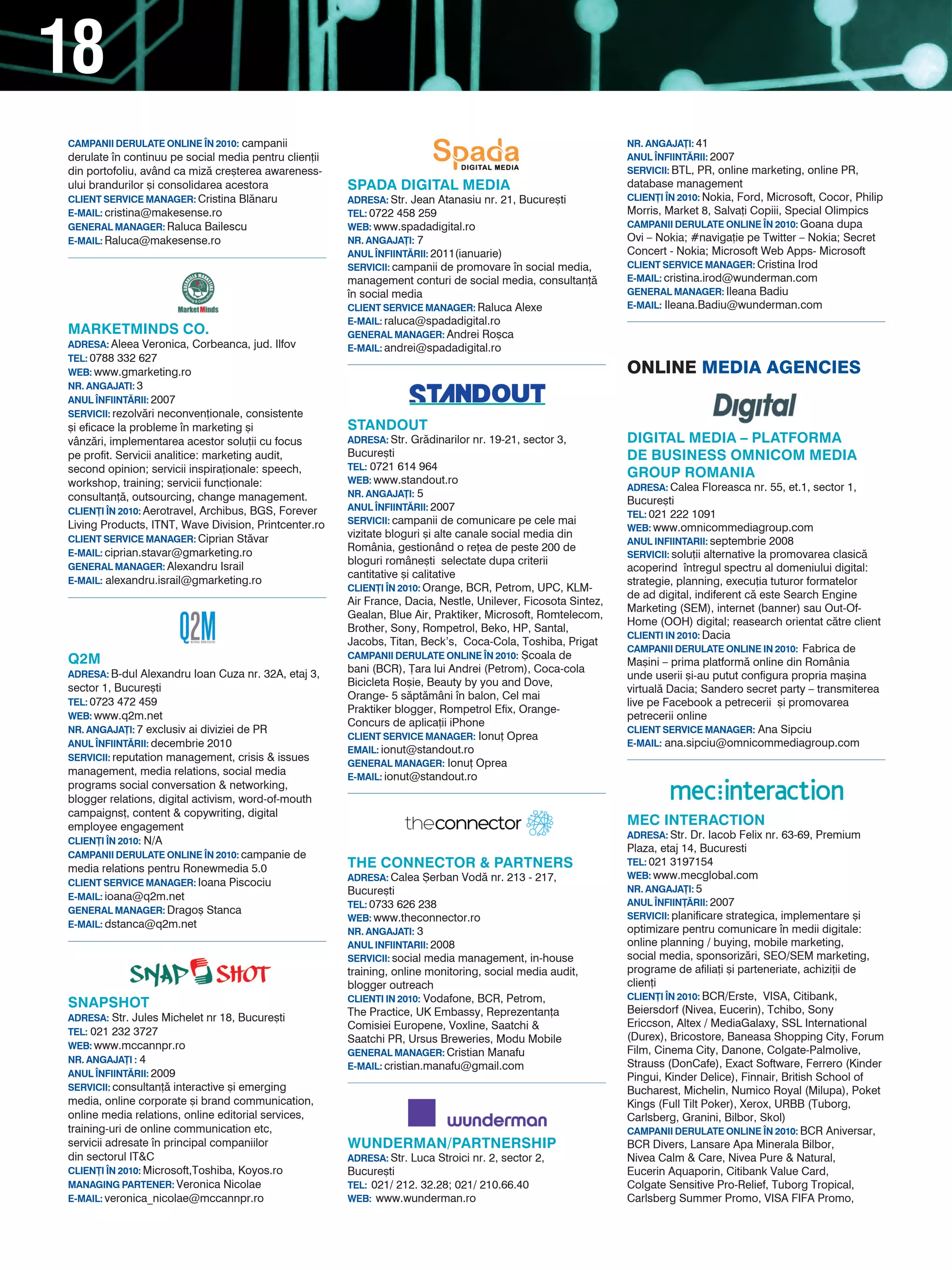 18
CAMPANII DERULATE ONLINE |N 2010: campanii                                                                     NR. ANGAJA}I: 41
derulate n continuu pe social media pentru clien]ii                                                           ANUL |NFIINT~RII: 2007
din portofoliu, având ca miz` cre[terea awareness-                                                             SERVICII: BTL, PR, online marketing, online PR,
ului brandurilor [i consolidarea acestora              SPADA DIGITAL MEDIA                                     database management
CLIENT SERVICE MANAGER: Cristina Bl`naru               ADRESA: Str. Jean Atanasiu nr. 21, Bucure[ti            CLIEN}I |N 2010: Nokia, Ford, Microsoft, Cocor, Philip
E-MAIL: cristina@makesense.ro                          TEL: 0722 458 259                                       Morris, Market 8, Salva]i Copiii, Special Olimpics
GENERAL MANAGER: Raluca Bailescu                       WEB: www.spadadigital.ro                                CAMPANII DERULATE ONLINE |N 2010: Goana dupa
E-MAIL: Raluca@makesense.ro                            NR. ANGAJA}I: 7                                         Ovi – Nokia; #naviga]ie pe Twitter – Nokia; Secret
                                                       ANUL |NFIINT~RII: 2011(ianuarie)                        Concert - Nokia; Microsoft Web Apps- Microsoft
                                                       SERVICII: campanii de promovare n social media,        CLIENT SERVICE MANAGER: Cristina Irod
                                                       management conturi de social media, consultan]`         E-MAIL: cristina.irod@wunderman.com
                                                       n social media                                         GENERAL MANAGER: Ileana Badiu
                                                       CLIENT SERVICE MANAGER: Raluca Alexe                    E-MAIL: Ileana.Badiu@wunderman.com
                                                       E-MAIL: raluca@spadadigital.ro
MARKETMINDS CO.                                        GENERAL MANAGER: Andrei Ro[ca
ADRESA: Aleea Veronica, Corbeanca, jud. Ilfov          E-MAIL: andrei@spadadigital.ro
TEL: 0788 332 627
WEB: www.gmarketing.ro                                                                                         ONLINE MEdIa agENcIEs
NR. ANGAJATI: 3
ANUL |NFIINT~RII: 2007
SERVICII: rezolv`ri neconven]ionale, consistente
[i eficace la probleme n marketing [i                 STANDOUT
vânz`ri, implementarea acestor solu]ii cu focus        ADRESA: Str. Gr`dinarilor nr. 19-21, sector 3,          DIGITAL MEDIA – PLATFORMA
pe profit. Servicii analitice: marketing audit,        Bucure[ti                                               DE BUSINESS OMNICOM MEDIA
second opinion; servicii inspira]ionale: speech,       TEL: 0721 614 964
                                                       WEB: www.standout.ro
                                                                                                               GROUP ROMANIA
workshop, training; servicii func]ionale:                                                                      ADRESA: Calea Floreasca nr. 55, et.1, sector 1,
consultan]`, outsourcing, change management.           NR. ANGAJA}I: 5
                                                                                                               Bucure[ti
CLIEN}I |N 2010: Aerotravel, Archibus, BGS, Forever    ANUL |NFIINT~RII: 2007
                                                                                                               TEL: 021 222 1091
Living Products, ITNT, Wave Division, Printcenter.ro   SERVICII: campanii de comunicare pe cele mai
                                                                                                               WEB: www.omnicommediagroup.com
CLIENT SERVICE MANAGER: Ciprian St`var                 vizitate bloguri [i alte canale social media din
                                                                                                               ANUL INFIINTARII: septembrie 2008
E-MAIL: ciprian.stavar@gmarketing.ro
                                                       România, gestionând o re]ea de peste 200 de
                                                                                                               SERVICII: solu]ii alternative la promovarea clasic`
GENERAL MANAGER: Alexandru Israil
                                                       bloguri române[ti selectate dupa criterii
                                                                                                               acoperind ntregul spectru al domeniului digital:
                                                       cantitative [i calitative
E-MAIL: alexandru.israil@gmarketing.ro                                                                         strategie, planning, execu]ia tuturor formatelor
                                                       CLIEN}I |N 2010: Orange, BCR, Petrom, UPC, KLM-
                                                                                                               de ad digital, indiferent c` este Search Engine
                                                       Air France, Dacia, Nestle, Unilever, Ficosota Sintez,
                                                                                                               Marketing (SEM), internet (banner) sau Out-Of-
                                                       Gealan, Blue Air, Praktiker, Microsoft, Romtelecom,
                                                                                                               Home (OOH) digital; reasearch orientat c`tre client
                                                       Brother, Sony, Rompetrol, Beko, HP, Santal,
                                                                                                               CLIENTI IN 2010: Dacia
                                                       Jacobs, Titan, Beck’s, Coca-Cola, Toshiba, Prigat
                                                                                                               CAMPANII DERULATE ONLINE IN 2010: Fabrica de
                                                       CAMPANII DERULATE ONLINE |N 2010: {coala de
Q2M                                                                                                            Ma[ini – prima platform` online din România
ADRESA: B-dul Alexandru Ioan Cuza nr. 32A, etaj 3,
                                                       bani (BCR), }ara lui Andrei (Petrom), Coca-cola
                                                                                                               unde userii [i-au putut configura propria ma[ina
                                                       Bicicleta Ro[ie, Beauty by you and Dove,
sector 1, Bucure[ti                                                                                            virtual` Dacia; Sandero secret party – transmiterea
                                                       Orange- 5 s`pt`mâni n balon, Cel mai
TEL: 0723 472 459                                                                                              live pe Facebook a petrecerii [i promovarea
                                                       Praktiker blogger, Rompetrol Efix, Orange-
WEB: www.q2m.net                                                                                               petrecerii online
                                                       Concurs de aplica]ii iPhone
NR. ANGAJA}I: 7 exclusiv ai diviziei de PR                                                                     CLIENT SERVICE MANAGER: Ana Sipciu
                                                       CLIENT SERVICE MANAGER: Ionu] Oprea
ANUL |NFIINT~RII: decembrie 2010                                                                               E-MAIL: ana.sipciu@omnicommediagroup.com
                                                       EMAIL: ionut@standout.ro
SERVICII: reputation management, crisis & issues
                                                       GENERAL MANAGER: Ionu] Oprea
management, media relations, social media              E-MAIL: ionut@standout.ro
programs social conversation & networking,
blogger relations, digital activism, word-of-mouth
campaigns], content & copywriting, digital
employee engagement                                                                                            MEC INTERACTION
                                                                                                               ADRESA: Str. Dr. Iacob Felix nr. 63-69, Premium
CLIEN}I |N 2010: N/A
                                                                                                               Plaza, etaj 14, Bucuresti
CAMPANII DERULATE ONLINE |N 2010: campanie de
media relations pentru Ronewmedia 5.0                  THE CONNECTOR & PARTNERS                                TEL: 021 3197154
                                                       ADRESA: Calea {erban Vod` nr. 213 - 217,                WEB: www.mecglobal.com
CLIENT SERVICE MANAGER: Ioana Piscociu
                                                       Bucure[ti                                               NR. ANGAJA}I: 5
E-MAIL: ioana@q2m.net
                                                       TEL: 0733 626 238                                       ANUL |NFIIN}~RII: 2007
GENERAL MANAGER: Drago[ Stanca
                                                       WEB: www.theconnector.ro                                SERVICII: planificare strategica, implementare [i
E-MAIL: dstanca@q2m.net
                                                       NR. ANGAJATI: 3                                         optimizare pentru comunicare n medii digitale:
                                                       ANUL INFIINTARII: 2008                                  online planning / buying, mobile marketing,
                                                       SERVICII: social media management, in-house             social media, sponsoriz`ri, SEO/SEM marketing,
                                                       training, online monitoring, social media audit,        programe de afilia]i [i parteneriate, achizi]ii de
                                                       blogger outreach                                        clien]i
                                                       CLIENTI IN 2010: Vodafone, BCR, Petrom,                 CLIEN}I |N 2010: BCR/Erste, VISA, Citibank,
SNAPSHOT                                                                                                       Beiersdorf (Nivea, Eucerin), Tchibo, Sony
ADRESA: Str. Jules Michelet nr 18, Bucure[ti
                                                       The Practice, UK Embassy, Reprezentan]a
                                                       Comisiei Europene, Voxline, Saatchi &                   Ericcson, Altex / MediaGalaxy, SSL International
TEL: 021 232 3727
                                                       Saatchi PR, Ursus Breweries, Modu Mobile                (Durex), Bricostore, Baneasa Shopping City, Forum
WEB: www.mccannpr.ro                                                                                           Film, Cinema City, Danone, Colgate-Palmolive,
                                                       GENERAL MANAGER: Cristian Manafu
NR. ANGAJA}I : 4                                                                                               Strauss (DonCafe), Exact Software, Ferrero (Kinder
                                                       E-MAIL: cristian.manafu@gmail.com
ANUL |NFIINT~RII: 2009                                                                                         Pingui, Kinder Delice), Finnair, British School of
SERVICII: consultan]` interactive [i emerging                                                                  Bucharest, Michelin, Numico Royal (Milupa), Poket
media, online corporate [i brand communication,                                                                Kings (Full Tilt Poker), Xerox, URBB (Tuborg,
online media relations, online editorial services,                                                             Carlsberg, Granini, Bilbor, Skol)
training-uri de online communication etc,                                                                      CAMPANII DERULATE ONLINE |N 2010: BCR Aniversar,
servicii adresate n principal companiilor             WUNDERMAN/PARTNERSHIP                                   BCR Divers, Lansare Apa Minerala Bilbor,
din sectorul IT&C                                      ADRESA: Str. Luca Stroici nr. 2, sector 2,              Nivea Calm & Care, Nivea Pure & Natural,
CLIEN}I |N 2010: Microsoft,Toshiba, Koyos.ro           Bucure[ti                                               Eucerin Aquaporin, Citibank Value Card,
MANAGING PARTENER: Veronica Nicolae                    TEL: 021/ 212. 32.28; 021/ 210.66.40                    Colgate Sensitive Pro-Relief, Tuborg Tropical,
E-MAIL: veronica_nicolae@mccannpr.ro                   WEB: www.wunderman.ro                                   Carlsberg Summer Promo, VISA FIFA Promo,
 