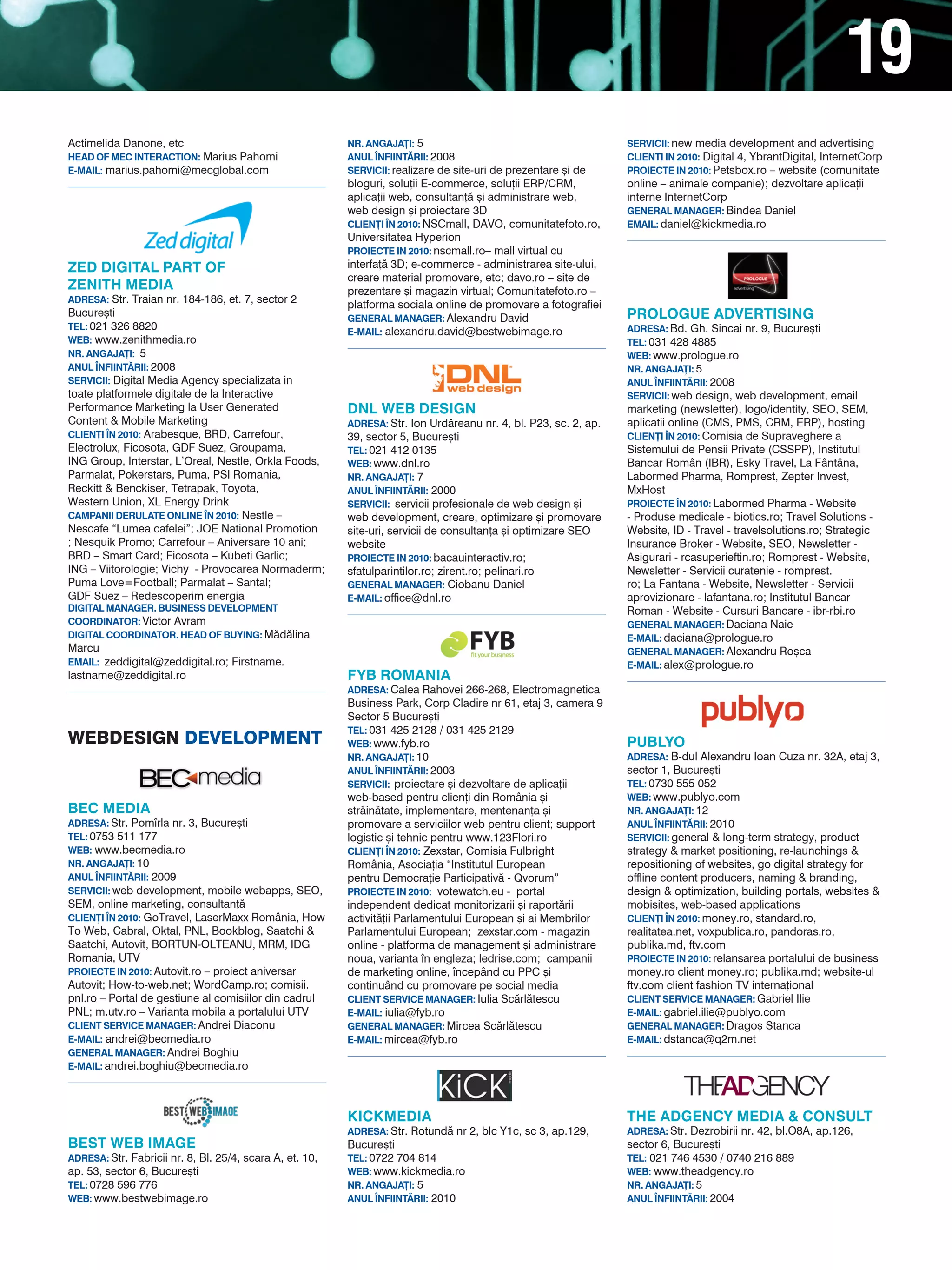 19
Actimelida Danone, etc                                    NR. ANGAJA}I: 5                                         SERVICII: new media development and advertising
HEAD OF MEC INTERACTION: Marius Pahomi                    ANUL |NFIINT~RII: 2008                                  CLIENTI IN 2010: Digital 4, YbrantDigital, InternetCorp
E-MAIL: marius.pahomi@mecglobal.com                       SERVICII: realizare de site-uri de prezentare [i de     PROIECTE IN 2010: Petsbox.ro – website (comunitate
                                                          bloguri, solu]ii E-commerce, solu]ii ERP/CRM,           online – animale companie); dezvoltare aplica]ii
                                                          aplica]ii web, consultan]` [i administrare web,         interne InternetCorp
                                                          web design [i proiectare 3D                             GENERAL MANAGER: Bindea Daniel
                                                          CLIEN}I |N 2010: NSCmall, DAVO, comunitatefoto.ro,      EMAIL: daniel@kickmedia.ro
                                                          Universitatea Hyperion
                                                          PROIECTE IN 2010: nscmall.ro– mall virtual cu
zED DIGITAL PART OF                                       interfa]` 3D; e-commerce - administrarea site-ului,
                                                          creare material promovare, etc; davo.ro – site de
zENITH MEDIA                                              prezentare [i magazin virtual; Comunitatefoto.ro –
ADRESA: Str. Traian nr. 184-186, et. 7, sector 2
                                                          platforma sociala online de promovare a fotografiei
Bucure[ti                                                 GENERAL MANAGER: Alexandru David                        PROLOGUE ADVERTISING
TEL: 021 326 8820                                                                                                 ADRESA: Bd. Gh. Sincai nr. 9, Bucure[ti
                                                          E-MAIL: alexandru.david@bestwebimage.ro
WEB: www.zenithmedia.ro                                                                                           TEL: 031 428 4885
NR. ANGAJA}I: 5                                                                                                   WEB: www.prologue.ro
ANUL |NFIINT~RII: 2008                                                                                            NR. ANGAJA}I: 5
SERVICII: Digital Media Agency specializata in                                                                    ANUL |NFIINT~RII: 2008
toate platformele digitale de la Interactive                                                                      SERVICII: web design, web development, email
Performance Marketing la User Generated                   DNL WEB DESIGN                                          marketing (newsletter), logo/identity, SEO, SEM,
Content & Mobile Marketing                                ADRESA: Str. Ion Urd`reanu nr. 4, bl. P23, sc. 2, ap.   aplicatii online (CMS, PMS, CRM, ERP), hosting
CLIEN}I |N 2010: Arabesque, BRD, Carrefour,               39, sector 5, Bucure[ti                                 CLIEN}I |N 2010: Comisia de Supraveghere a
Electrolux, Ficosota, GDF Suez, Groupama,                 TEL: 021 412 0135                                       Sistemului de Pensii Private (CSSPP), Institutul
ING Group, Interstar, L’Oreal, Nestle, Orkla Foods,       WEB: www.dnl.ro                                         Bancar Român (IBR), Esky Travel, La Fântâna,
Parmalat, Pokerstars, Puma, PSI Romania,                  NR. ANGAJA}I: 7                                         Labormed Pharma, Romprest, Zepter Invest,
Reckitt & Benckiser, Tetrapak, Toyota,                    ANUL |NFIINT~RII: 2000                                  MxHost
Western Union, XL Energy Drink                            SERVICII: servicii profesionale de web design [i        PROIECTE |N 2010: Labormed Pharma - Website
CAMPANII DERULATE ONLINE |N 2010: Nestle –                web development, creare, optimizare [i promovare        - Produse medicale - biotics.ro; Travel Solutions -
Nescafe “Lumea cafelei”; JOE National Promotion           site-uri, servicii de consultan]a [i optimizare SEO     Website, ID - Travel - travelsolutions.ro; Strategic
; Nesquik Promo; Carrefour – Aniversare 10 ani;           website                                                 Insurance Broker - Website, SEO, Newsletter -
BRD – Smart Card; Ficosota – Kubeti Garlic;               PROIECTE IN 2010: bacauinteractiv.ro;                   Asigurari - rcasuperieftin.ro; Romprest - Website,
ING – Viitorologie; Vichy - Provocarea Normaderm;         sfatulparintilor.ro; zirent.ro; pelinari.ro             Newsletter - Servicii curatenie - romprest.
Puma Love=Football; Parmalat – Santal;                    GENERAL MANAGER: Ciobanu Daniel                         ro; La Fantana - Website, Newsletter - Servicii
GDF Suez – Redescoperim energia                           E-MAIL: office@dnl.ro                                   aprovizionare - lafantana.ro; Institutul Bancar
DIGITAL MANAGER. BUSINESS DEVELOPMENT                                                                             Roman - Website - Cursuri Bancare - ibr-rbi.ro
COORDINATOR: Victor Avram                                                                                         GENERAL MANAGER: Daciana Naie
DIGITAL COORDINATOR. HEAD OF BUYING: M`d`lina                                                                     E-MAIL: daciana@prologue.ro
Marcu                                                                                                             GENERAL MANAGER: Alexandru Ro[ca
EMAIL: zeddigital@zeddigital.ro; Firstname.                                                                       E-MAIL: alex@prologue.ro
lastname@zeddigital.ro                                    FYB ROMANIA
                                                          ADRESA: Calea Rahovei 266-268, Electromagnetica
                                                          Business Park, Corp Cladire nr 61, etaj 3, camera 9
                                                          Sector 5 Bucure[ti
                                                          TEL: 031 425 2128 / 031 425 2129
WEbdEsIgN dEvELOPMENt                                     WEB: www.fyb.ro                                         PUBLYO
                                                          NR. ANGAJA}I: 10                                        ADRESA: B-dul Alexandru Ioan Cuza nr. 32A, etaj 3,
                                                          ANUL |NFIINT~RII: 2003                                  sector 1, Bucure[ti
                                                          SERVICII: proiectare [i dezvoltare de aplica]ii         TEL: 0730 555 052
                                                          web-based pentru clien]i din România [i                 WEB: www.publyo.com
BEC MEDIA                                                 str`in`tate, implementare, mentenan]a [i                NR. ANGAJA}I: 12
ADRESA: Str. Pomrla nr. 3, Bucure[ti                     promovare a serviciilor web pentru client; support      ANUL |NFIINT~RII: 2010
TEL: 0753 511 177                                         logistic [i tehnic pentru www.123Flori.ro               SERVICII: general & long-term strategy, product
WEB: www.becmedia.ro                                      CLIEN}I |N 2010: Zexstar, Comisia Fulbright             strategy & market positioning, re-launchings &
NR. ANGAJA}I: 10                                          România, Asocia]ia “Institutul European                 repositioning of websites, go digital strategy for
ANUL |NFIINT~RII: 2009                                    pentru Democra]ie Participativ` - Qvorum”               offline content producers, naming & branding,
SERVICII: web development, mobile webapps, SEO,           PROIECTE IN 2010: votewatch.eu - portal                 design & optimization, building portals, websites &
SEM, online marketing, consultan]`                        independent dedicat monitorizarii [i raport`rii         mobisites, web-based applications
CLIEN}I |N 2010: GoTravel, LaserMaxx România, How         activit`]ii Parlamentului European [i ai Membrilor      CLIEN}I |N 2010: money.ro, standard.ro,
To Web, Cabral, Oktal, PNL, Bookblog, Saatchi &           Parlamentului European; zexstar.com - magazin           realitatea.net, voxpublica.ro, pandoras.ro,
Saatchi, Autovit, BORTUN-OLTEANU, MRM, IDG                online - platforma de management [i administrare        publika.md, ftv.com
Romania, UTV                                              noua, varianta n engleza; ledrise.com; campanii        PROIECTE IN 2010: relansarea portalului de business
PROIECTE IN 2010: Autovit.ro – proiect aniversar          de marketing online, ncepând cu PPC [i                 money.ro client money.ro; publika.md; website-ul
Autovit; How-to-web.net; WordCamp.ro; comisii.            continuând cu promovare pe social media                 ftv.com client fashion TV interna]ional
pnl.ro – Portal de gestiune al comisiilor din cadrul      CLIENT SERVICE MANAGER: Iulia Sc`rl`tescu               CLIENT SERVICE MANAGER: Gabriel Ilie
PNL; m.utv.ro – Varianta mobila a portalului UTV          E-MAIL: iulia@fyb.ro                                    E-MAIL: gabriel.ilie@publyo.com
CLIENT SERVICE MANAGER: Andrei Diaconu                    GENERAL MANAGER: Mircea Sc`rl`tescu                     GENERAL MANAGER: Drago[ Stanca
E-MAIL: andrei@becmedia.ro                                E-MAIL: mircea@fyb.ro                                   E-MAIL: dstanca@q2m.net
GENERAL MANAGER: Andrei Boghiu
E-MAIL: andrei.boghiu@becmedia.ro




                                                          KICKMEDIA                                               THE ADGENCY MEDIA & CONSULT
                                                          ADRESA: Str. Rotund` nr 2, blc Y1c, sc 3, ap.129,       ADRESA: Str. Dezrobirii nr. 42, bl.O8A, ap.126,
BEST WEB IMAGE                                            Bucure[ti                                               sector 6, Bucure[ti
ADRESA: Str. Fabricii nr. 8, Bl. 25/4, scara A, et. 10,   TEL: 0722 704 814                                       TEL: 021 746 4530 / 0740 216 889
ap. 53, sector 6, Bucure[ti                               WEB: www.kickmedia.ro                                   WEB: www.theadgency.ro
TEL: 0728 596 776                                         NR. ANGAJA}I: 5                                         NR. ANGAJA}I: 5
WEB: www.bestwebimage.ro                                  ANUL |NFIINT~RII: 2010                                  ANUL |NFIINT~RII: 2004
 