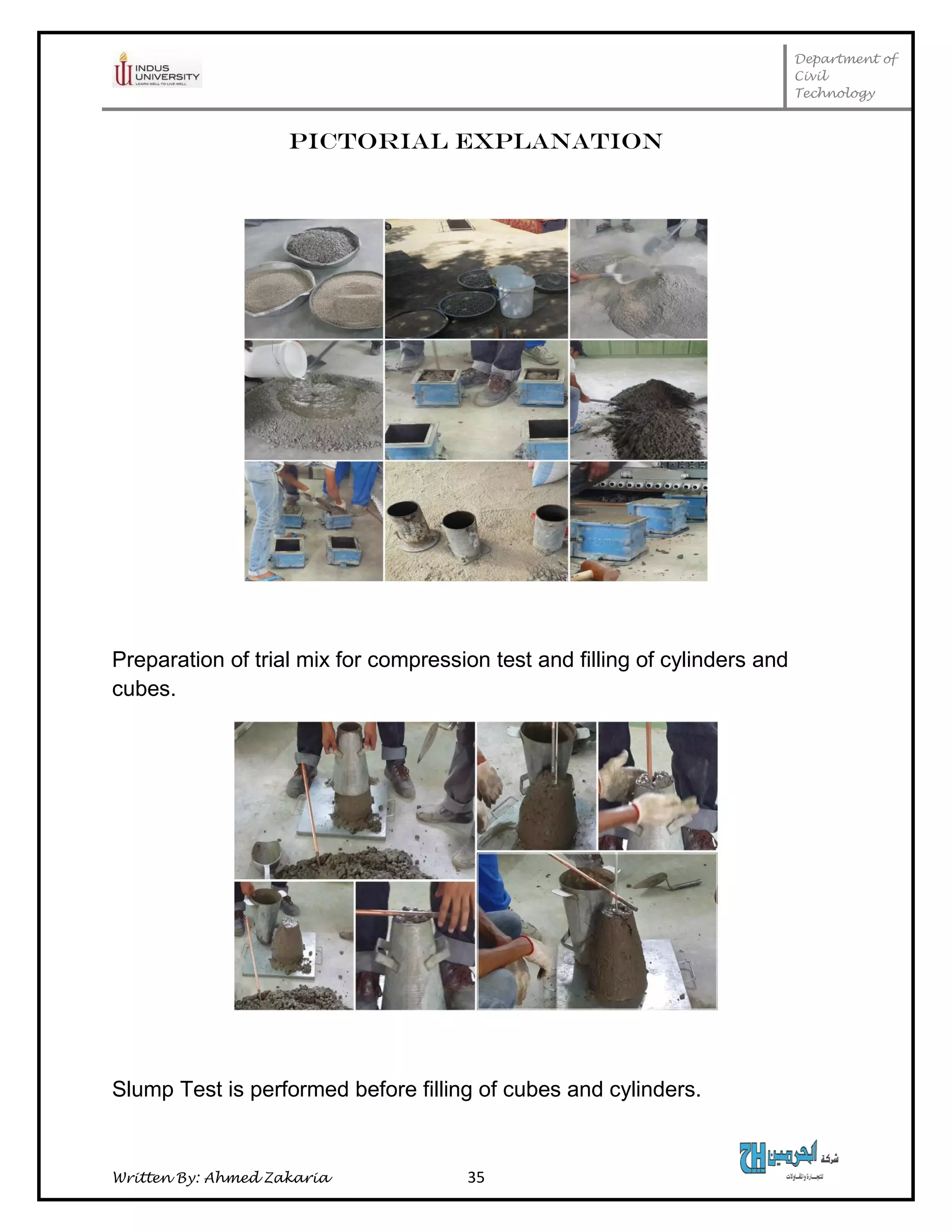 Department of
Civil
Technology
Written By: Ahmed Zakaria 35
Pictorial Explanation
Preparation of trial mix for compression test and filling of cylinders and
cubes.
Slump Test is performed before filling of cubes and cylinders.
 