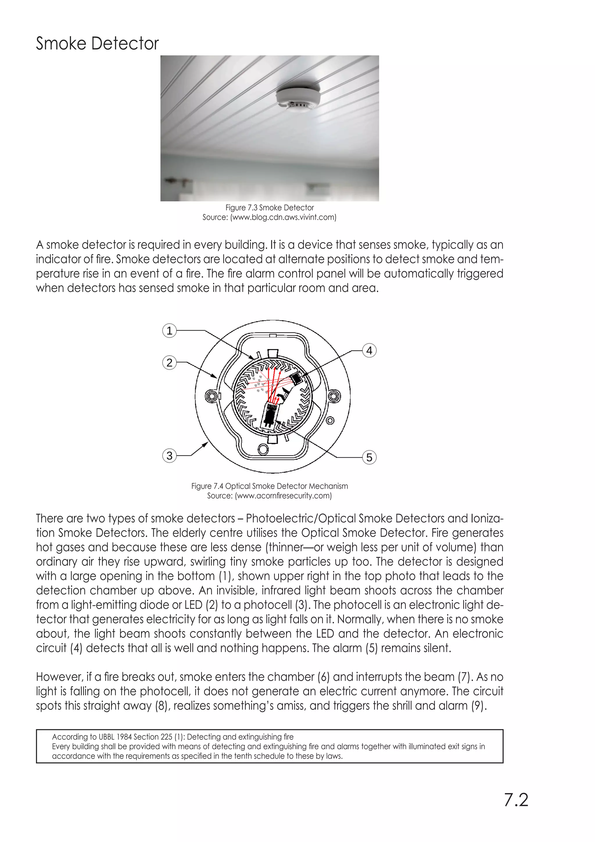 Smoke Detector
Figure 7.3 Smoke Detector
Source: (www.blog.cdn.aws.vivint.com)
A smoke detector is required in every building. It is a device that senses smoke, typically as an
indicator of fire. Smoke detectors are located at alternate positions to detect smoke and tem-
perature rise in an event of a fire. The fire alarm control panel will be automatically triggered
when detectors has sensed smoke in that particular room and area.
Figure 7.4 Optical Smoke Detector Mechanism
Source: (www.acornfiresecurity.com)
There are two types of smoke detectors – Photoelectric/Optical Smoke Detectors and Ioniza-
tion Smoke Detectors. The elderly centre utilises the Optical Smoke Detector. Fire generates
hot gases and because these are less dense (thinner—or weigh less per unit of volume) than
ordinary air they rise upward, swirling tiny smoke particles up too. The detector is designed
with a large opening in the bottom (1), shown upper right in the top photo that leads to the
detection chamber up above. An invisible, infrared light beam shoots across the chamber
from a light-emitting diode or LED (2) to a photocell (3). The photocell is an electronic light de-
tector that generates electricity for as long as light falls on it. Normally, when there is no smoke
about, the light beam shoots constantly between the LED and the detector. An electronic
circuit (4) detects that all is well and nothing happens. The alarm (5) remains silent.
However, if a fire breaks out, smoke enters the chamber (6) and interrupts the beam (7). As no
light is falling on the photocell, it does not generate an electric current anymore. The circuit
spots this straight away (8), realizes something’s amiss, and triggers the shrill and alarm (9).
7.2
According to UBBL 1984 Section 225 (1): Detecting and extinguishing fire
Every building shall be provided with means of detecting and extinguishing fire and alarms together with illuminated exit signs in
accordance with the requirements as specified in the tenth schedule to these by laws.
 