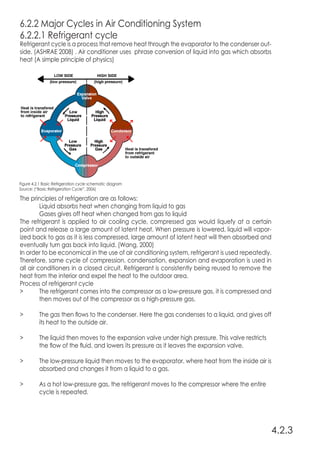 6.2.2 Major Cycles in Air Conditioning System
6.2.2.1 Refrigerant cycle
Refrigerant cycle is a process that remove heat through the evaporator to the condenser out-
side. (ASHRAE 2008) . Air conditioner uses phrase conversion of liquid into gas which absorbs
heat (A simple principle of physics)
The principles of refrigeration are as follows:
	 Liquid absorbs heat when changing from liquid to gas
	 Gases gives off heat when changed from gas to liquid
The refrigerant is applied to air cooling cycle, compressed gas would liquefy at a certain
point and release a large amount of latent heat. When pressure is lowered, liquid will vapor-
ized back to gas as it is less compressed, large amount of latent heat will then absorbed and
eventually turn gas back into liquid. (Wang, 2000)
In order to be economical in the use of air conditioning system, refrigerant is used repeatedly.
Therefore, same cycle of compression, condensation, expansion and evaporation is used in
all air conditioners in a closed circuit. Refrigerant is consistently being reused to remove the
heat from the interior and expel the heat to the outdoor area.
Process of refrigerant cycle
>	 The refrigerant comes into the compressor as a low-pressure gas, it is compressed and
	 then moves out of the compressor as a high-pressure gas.
>	 The gas then flows to the condenser. Here the gas condenses to a liquid, and gives off
	 its heat to the outside air.
>	 The liquid then moves to the expansion valve under high pressure. This valve restricts
	 the flow of the fluid, and lowers its pressure as it leaves the expansion valve.
>	 The low-pressure liquid then moves to the evaporator, where heat from the inside air is
	 absorbed and changes it from a liquid to a gas.
>	 As a hot low-pressure gas, the refrigerant moves to the compressor where the entire
	 cycle is repeated.
4.2.3
Figure 4.2.1 Basic Refrigeration cycle schematic diagram
Source: (“Basic Refrigeration Cycle”, 2006)
 