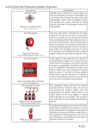 4.3.2 Active Fire Protection System Overview
4.3.2
Components Description
sprinkler System
Figure 4.3.1 Sprinkler Head
Source: www.ssscorp.com
Sprinkler system consists of a water supply sys-
tem that provides to a series of water pipes. At
a selected interval along the pipe, there are
independent valves known as sprinkler heads.
The sprinklers are usually activated by heat
from fire, resulting in a discharge of water into
the fire area.
Hose Reel System
Figure 4.3.2 Fire Hose
Source: www.firefightingprotectionsystem.com.my
The hose reel system is intended for the early
stages of a fire for the occupants of the build-
ing. It is to provide the occupants with first aid
means of fighting a fire whilst awaiting the arriv-
al of the local fire service. When the hose reel is
used, the pressure of the pipe will drop below
the field adjusted pressure setting of the pres-
sure switch. This will trigger the pump to come
into operation automatically to feed a steady
supply of water to discharge through the hose.
Fire Alarm System
Figure 4.3.4 Break Glass Call Point
Source: www.lh5.ggpht.com
A key aspect of fire protection is to identify a
developing fire emergency in a timely manner,
and to alert the building’s occupants and fire
emergency organisations. A fire alarm system is
an is an integration of fire detection, alarm and
bells to detect and warn occupants through
glaring visuals of red light and loud ringing.
These alarms may be activated via smoke de-
tectors, heat detectors and manual activation
such as manual call points or pull stations.
Fire Suppression System
Figure 4.3.5 Co2 Suppression
Source: www.fire-protection.com.au
Fire suppression systems are used to protect
special hazard or sensitive areas. The use of
conventional fire sprinkler systems may be
inappropriate for special hazard areas as it
might cause the fire to be bigger or cause
more damage to the situation. Fire suppres-
sion systems are environmentally friendly clean
agents.
Fire Extinguisher System
Figure 4.3.6 Fire Extinguisher
Source: www.northerntool.com
Portable fire extinguishers are important for fire
prevention as most fires start small and can be
easily extinguished. It is designed to be operat-
ed easily by anyone who follows simple instruc-
tions labelled on the extinguishers. The type of
fire extinguishers used depends on the type of
fire that is present in the area.
 