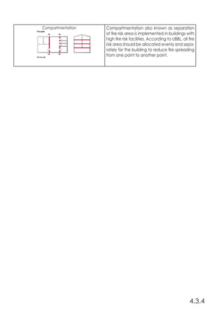 Compartmentation Compartmentation also known as separation
of fire risk area is implemented in buildings with
high fire risk facilities. According to UBBL, all fire
risk area should be allocated evenly and sepa-
rately for the building to reduce fire spreading
from one point to another point.
4.3.4
 