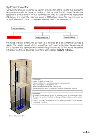 Hydraulic Elevator
Hydraulic elevators are supported by a piston at the bottom of the elevator that pushes the
elevator up as an electric motor forces oil or another hydraulic fluid into piston. The elevator
descends as a valve releases the fluid from the piston. They are used for low rise applications
of 2-8 stories and travel at a maximum speed of 200 feet per minute. The machine room for
hydraulic elevators is located at the lowest level adjacent to the elevator shaft.
With holed hydraulic systems, the elevator car is mounted on a piston that travels inside a
cylinder. The cylinder extends into the ground to a depth equal to the height the elevator will
rise. As hydraulic fluid is pumped into cylinder through a valve, the car rises. As the fluid returns
to the reservoir, the car descends. This systems is often called inground hydraulic.
4.4.4
Source : Schumacher, 2014
Disvantages :
- Areas with frequent seismic activity will have the greatest risk of oil contamination
- The jack must go down into the ground roughly the same distance as the desired
travel。
- Drilling a jack hole is expensive and may be nearly impossible in certain structural
or geologic conditions.
Advantages :
- Lowest material cost application
- Accommodates front and rear openings in any configuration
- No extensive pit or overhead is required
- Available for both high and low capacity cars
- All the application types, this equipment package is the easiest to install
 