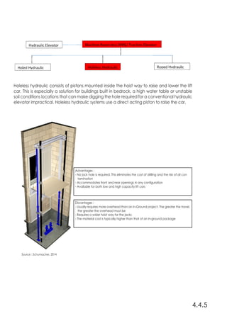 Holeless hydraulic consists of pistons mounted inside the hoist way to raise and lower the lift
car. This is especially a solution for buildings built in bedrock, a high water table or unstable
soil conditions locations that can make digging the hole required for a conventional hydraulic
elevator impractical. Holeless hydraulic systems use a direct acting piston to raise the car.
4.4.5
Source : Schumacher, 2014
Disvantages :
- Usually requires more overhead than an In-Ground project. The greater the travel,
the greater the overhead must be
- Requires a wider hoist way for the jacks
- The material cost is typically higher than that of an in-ground package
Advantages :
- No jack hole is required. This eliminates the cost of drilling and the risk of oil con
tamination
- Accommodates front and rear openings in any configuration
- Available for both low and high capacity lift cars
 