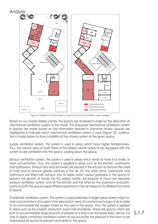 5.1.7
Analysis
Based on our chosen Elderly centre, the spaces are analysed in order for the allocation of
mechanical ventilation system to be made. The proposed mechanical ventilation system
in spaces are made based on the information learned in Literature review. Spaces are
highlighted to indicate which mechanical ventilation system is used (Figure 10). Justifica-
tion is made below to show suitability of the chosen system at the given space.
Supply ventilation system. This system is used in areas which have higher temperatures.
Thus, the service area on both floors of the elderly centre needs to be equipped with this
system to aid ventilation into the space, cooling down the space.
Exhaust ventilation system. This system is used in areas which tends to have foul smells, or
heat concentration. Thus, the system is applied in areas such as the kitchen, washrooms
and bathrooms. Exhaust fans and ductwork are placed in the kitchen to remove the smell
of food and to remove grease particles in the air. On the other hand, washrooms and
bathrooms are fitted with exhaust fans to expel water vapour gathered in the space to
prevent the growth of mould. For this elderly centre, we propose to have two separate
exhaust ventilation system, one for the kitchen and the other for the washroom and bath-
rooms as both the spaces expel different pollutants in the air based on its different functions
of space.
Combined ventilation system. This system is used preferably in larger areas where major hu-
man concentration is focused in the area and in need of constant exchange of air in order
to accommodate the oxygen intake by the users in the space. Thus, the system is applied
in areas such as the chapel, restaurant, event hall and library. These are spaces which are
built to accommodate large amounts of people at a time in an enclosed area. Hence, it is
wise to apply combined ventilation system as we would like the pressure in the room to be
maintained at neutral to prevent wind drafts in the space.
Figure 10: Highlights of spaces based on types of mechanical ventilation system applied
 