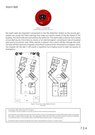 Alarm Bell
Figure 7.11 Fire Alarm Bell
Source: (http://www.suns-usa.com)
Fire alarm bells are important components in the Fire Detection System as the sounds gen-
erated are usually the initial warnings that make occupants aware of the fire threats in the
building. Fire alarm bells are activated by fire detectors. The alarm bell is a device that creates
a loud alert sound. It functions by means of an electromagnet, consisting of coils of insulated
wire wound round iron rods. When electric is present, the current will flow through the coils.
The rods will then become magnetic and attract a piece of iron attached to a clapper. Once
the clapper hits the bell, it will create a repetitive loud ringing sound to alert occupants of
emergency.
7.2.4
Figure 7.12 Location of Alarm Bells at Ground
Floor Plan
According to UBBL 1984 Section 237: Fire alarms
(1) Fire alarms shall be provided in accordance with the Tenth Schedule to these By-laws.
(2) All premises and buildings with gross floor area excluding car park and storage areas exceeding 9290 square metres or exceeding
30.5 metres in height shall be provided with a two stage alarm system with evacuation (continuous signal) to be given immediately
in the affected section of the premises while an alert (intermittent signal) be given in adjoining section.
(3) Provision shall be made for the general evacuation of the premises by action of a master control.
 