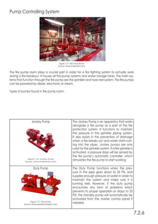 Jockey Pump
Figure 7.16: Jockey Pump
Source: (www.indiamart.com)
The Jockey Pump is an apparatus that works
alongside a fire pump as a part of the fire
protection system. It functions to maintain
the pressure in the sprinkler piping system.
It also assists in the prevention of drainage
when a fire breaks out and water starts rush-
ing into the pipes. Jockey pumps are only
used for the sprinkler system. If a fire sprinkler is
activated, a pressure drop will be sensed by
the fire pump’s automatic controller, which
stimulates the fire pump to start working.
Duty Pump
Figure 7.17: Duty Pump
Source: (www.peerlessmidwest.com)
The Duty Pump functions when the pres-
sure in the pipe goes down to 35 PSI, and
supplies enough pressure of water in order to
maintain the system and make sure it is
running well. However, if the duty pump
encounters any form of problems which
prevents its proper operation or drops to 25
PSI, the standby pump will automatically be
activated from the master control panel if
needed.
Standby Pump The Standby Pump shares the exact
function as the duty pump. As mentioned
above,itreplacesthedutypumpwhenitisnot
functioning or needs to be switched off
Pump Controlling System
Figure 7.15 Fire Pump Room
Source: (www.indiamart.com)
The fire pump room plays a crucial part in order for a fire fighting system to actually work
during a fire breakout. It houses all the pump systems and water storage tanks. The main sys-
tems that function through the fire pump are the sprinkler and hose reel system. The fire pumps
can be powered by diesel, electronic or steam.
Types of pumps found in fire pump room:
7.2.6
 