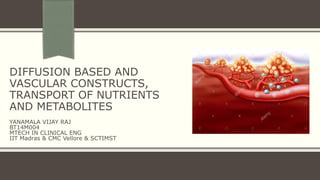 DIFFUSION BASED AND
VASCULAR CONSTRUCTS,
TRANSPORT OF NUTRIENTS
AND METABOLITES
YANAMALA VIJAY RAJ
BT14M004
MTECH IN CLINICAL ENG
IIT Madras & CMC Vellore & SCTIMST
 